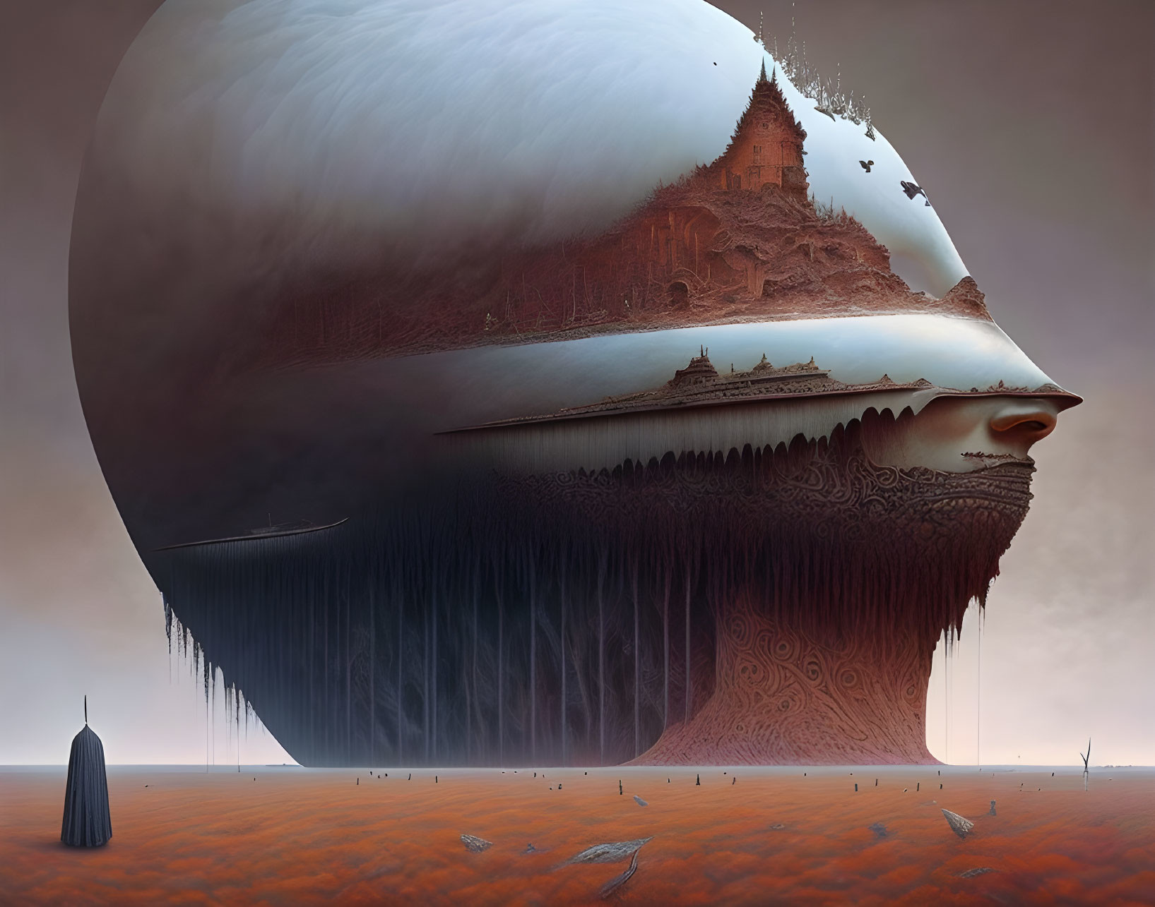 Surreal landscape with robed figure and floating head-shaped island