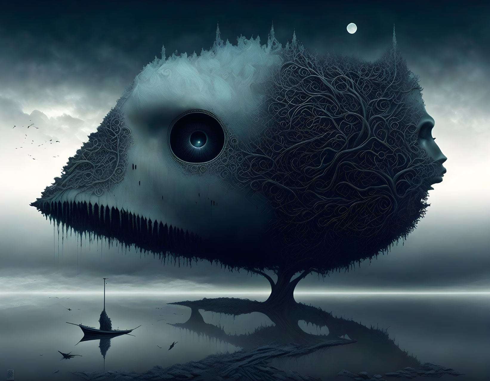 Surreal landscape: giant eye tree, intricate patterns, moonlit sky