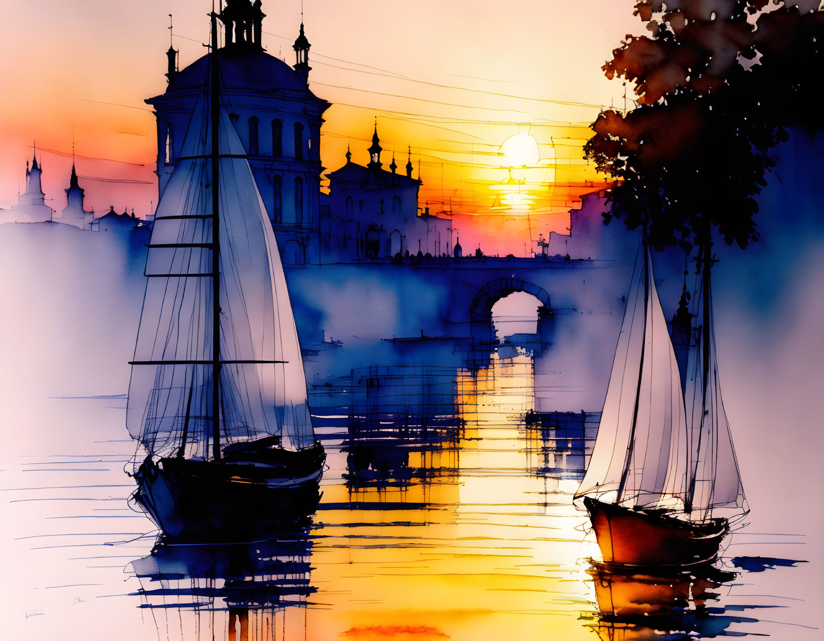 Sunset watercolor painting: sailboats, cityscape, bridges