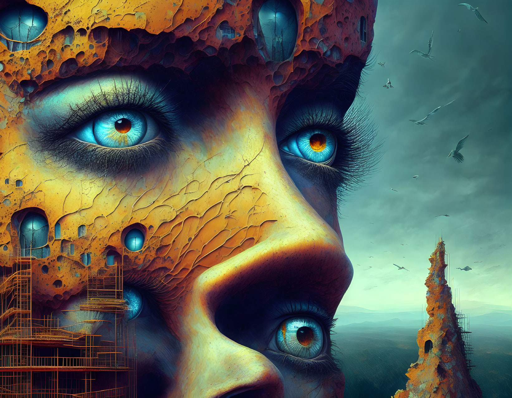 Surreal face with cracked textures, blue eyes, and fantastical landscape