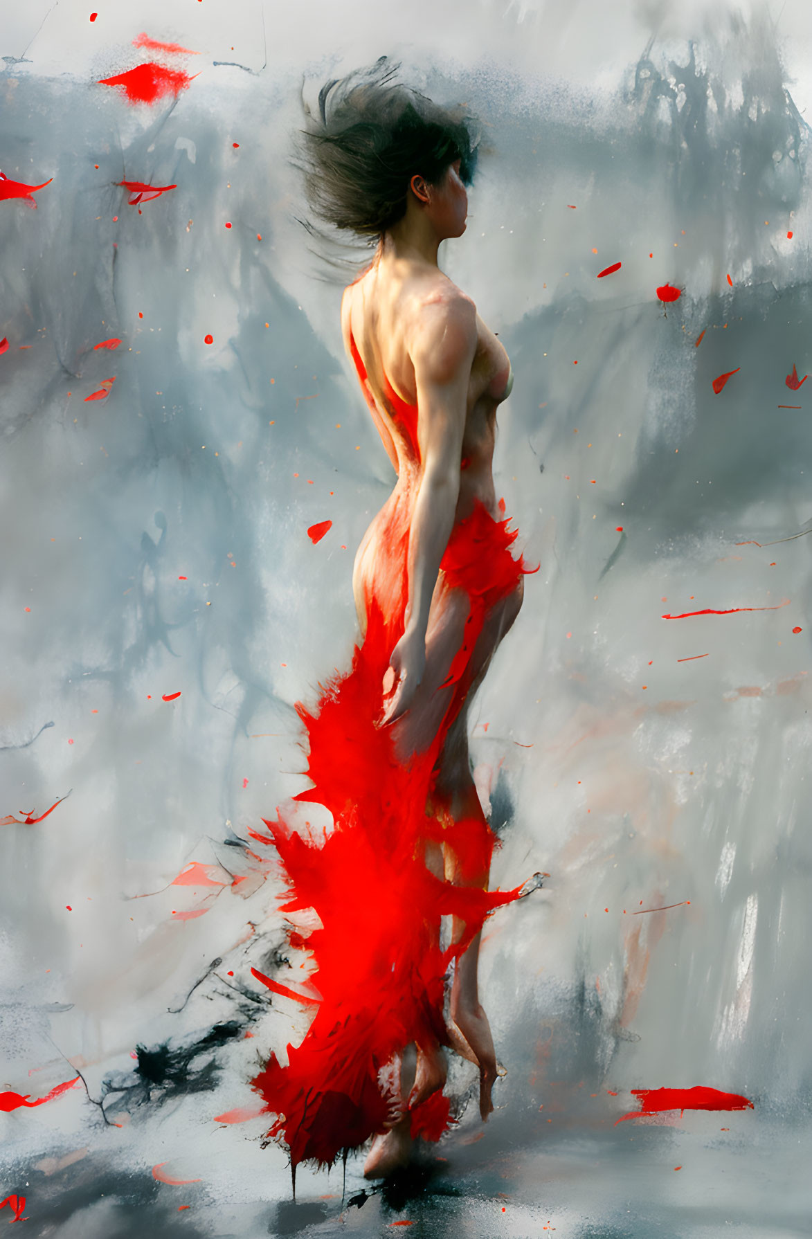 Surreal painting: person in red dress blending with brushstrokes