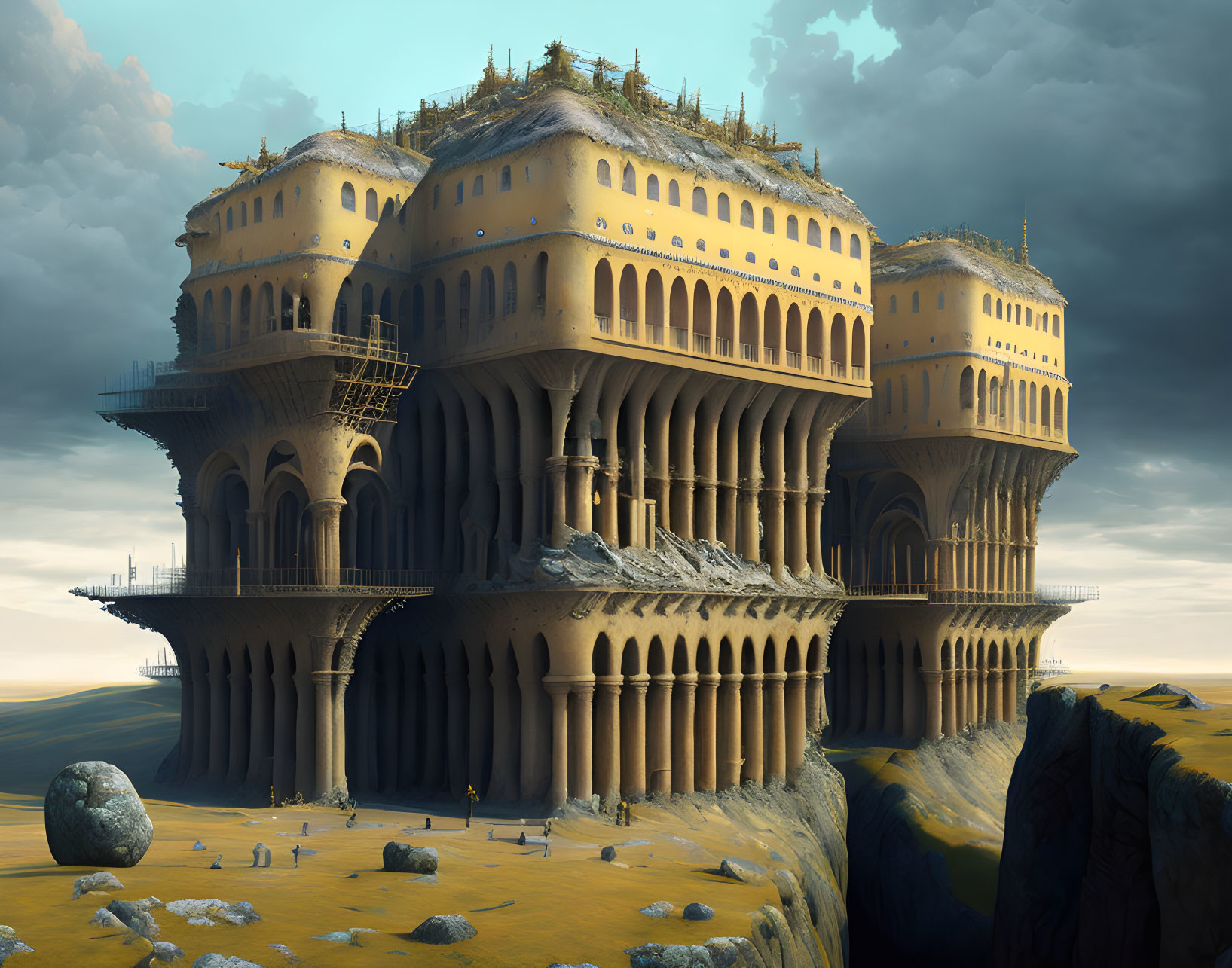 Fantasy palace with towering columns and arches on cliff under cloudy sky