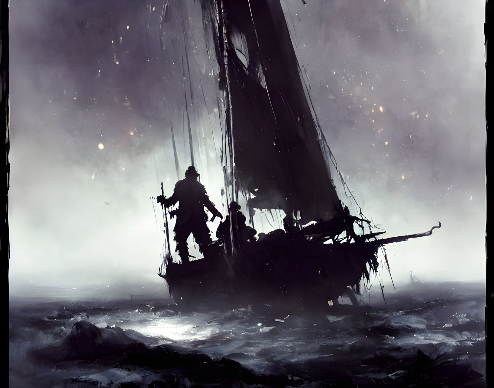 Silhouetted ship and crew on stormy seas under star-speckled sky