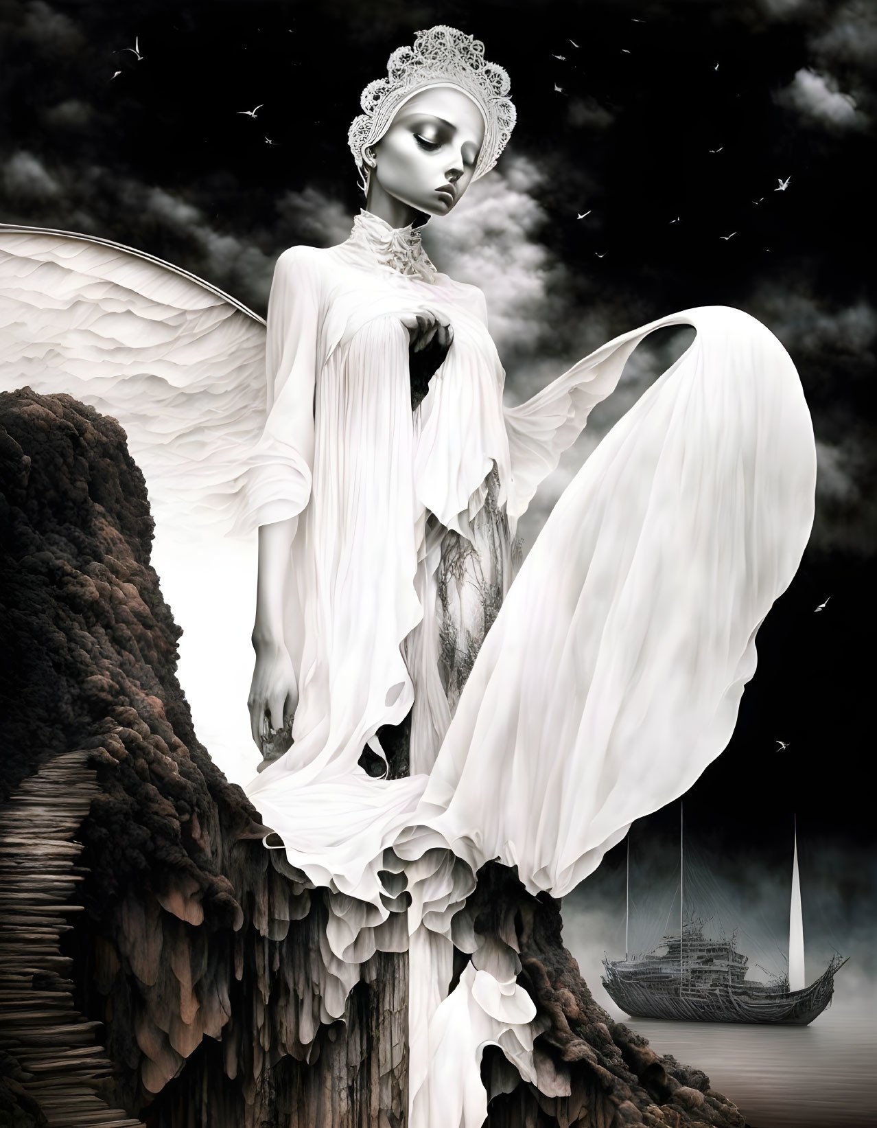 Ethereal figure with large wings in white dress on cliff overlooking ship