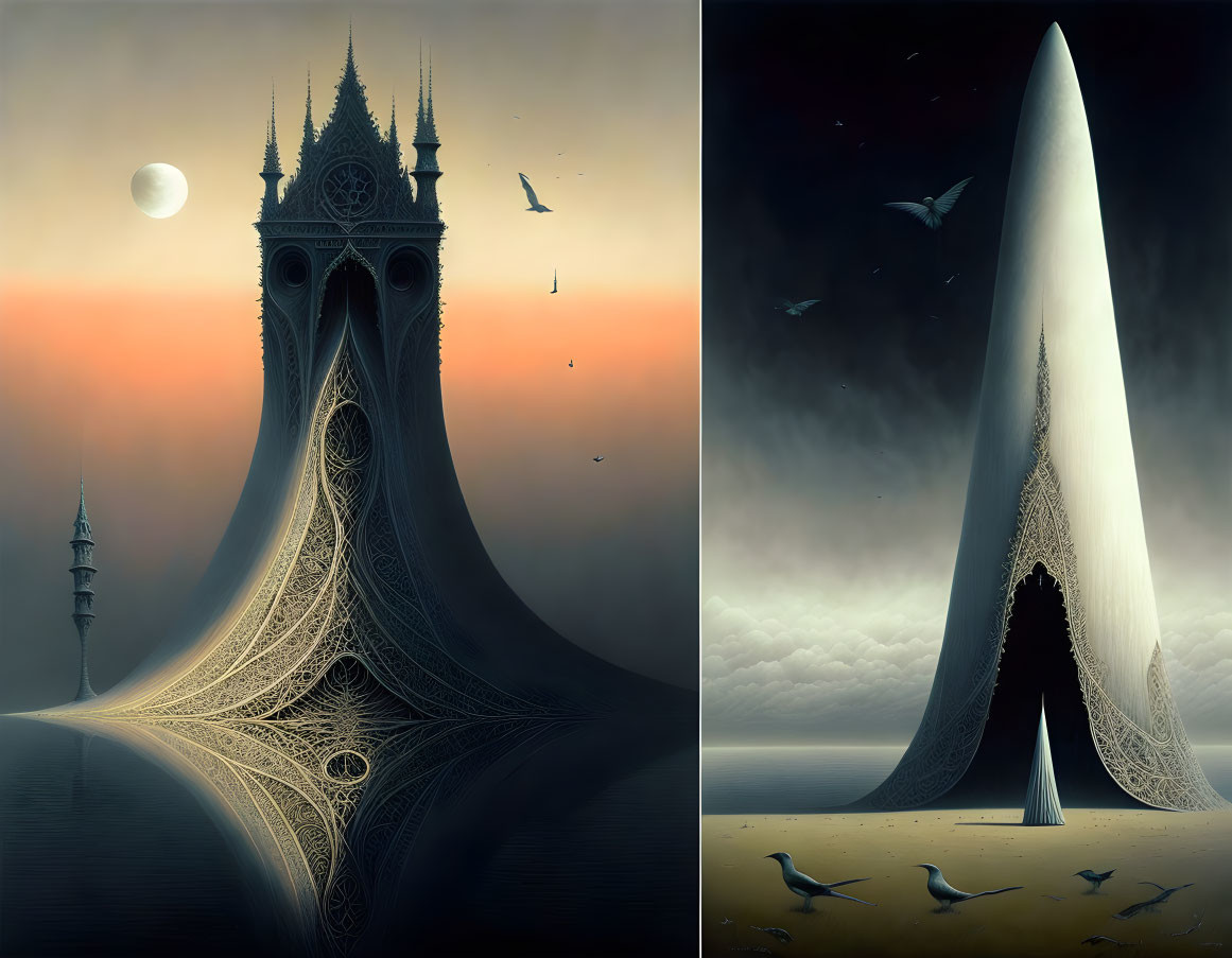 Split Image: Gothic Tower in Eerie Moonlit Landscape and Surreal Structure with Archway on Cloud