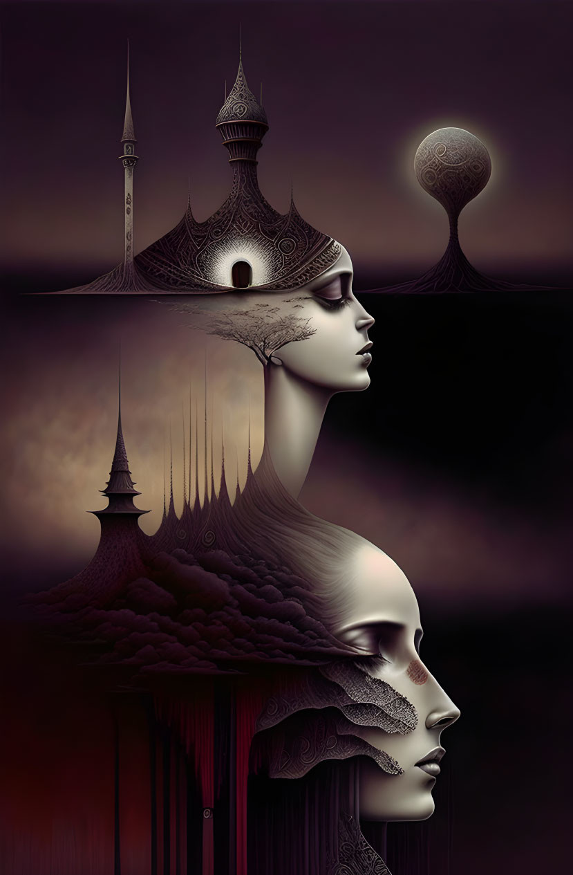 Surreal Artwork: Faces Blended in Dark Towers with Floating Sphere