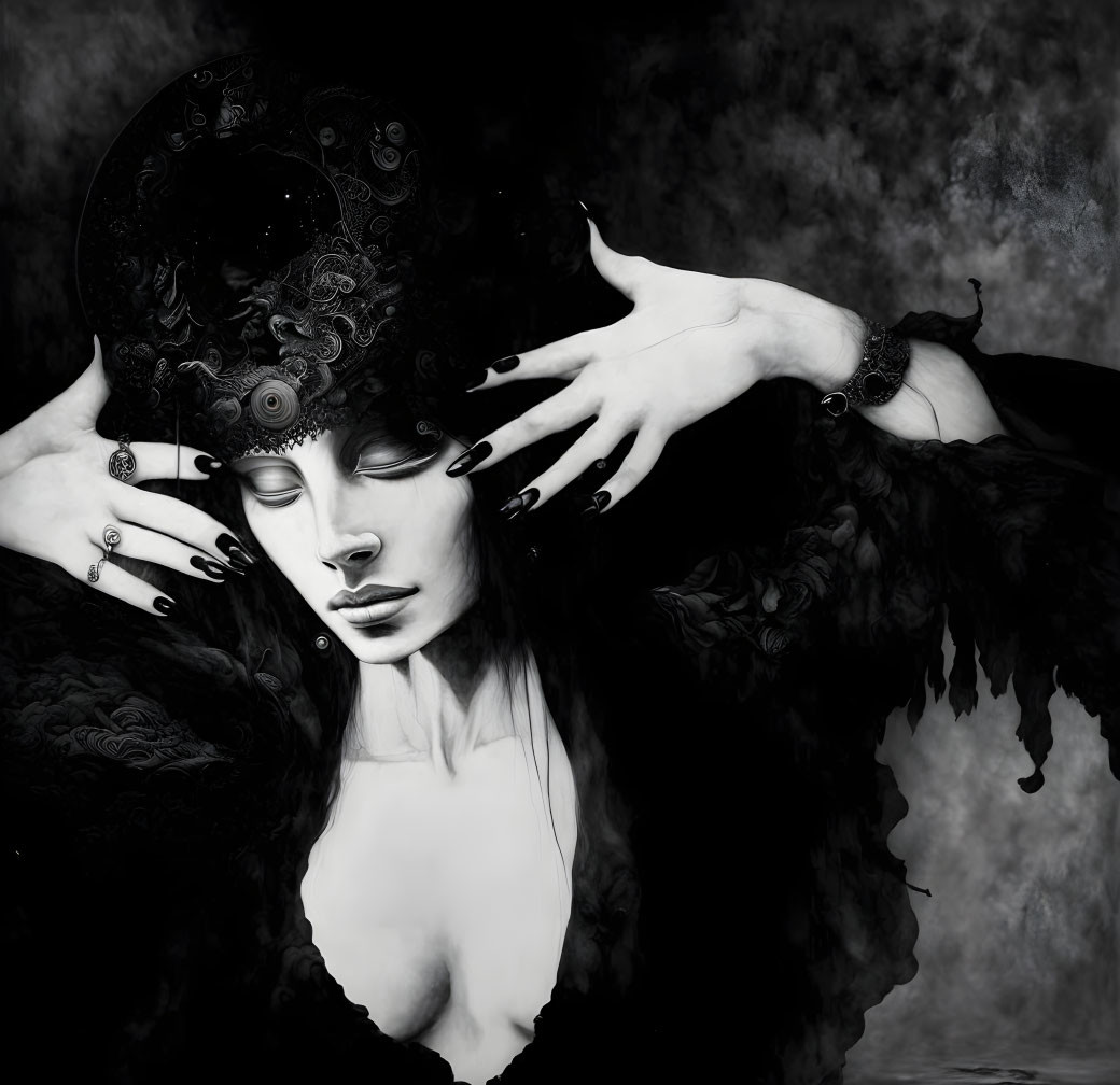 Monochromatic portrait of a woman with ornate headdress and gothic style.