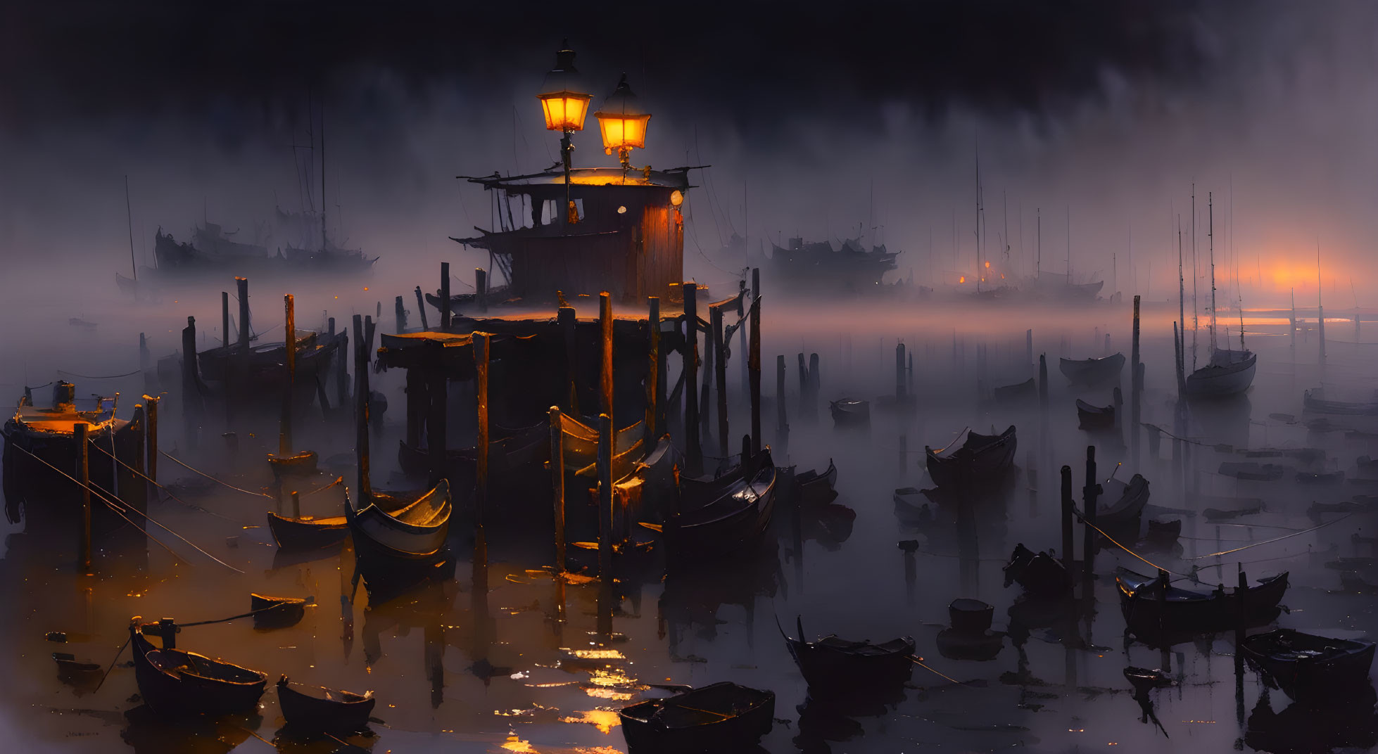 Foggy harbor scene at dusk with boats and lanterns