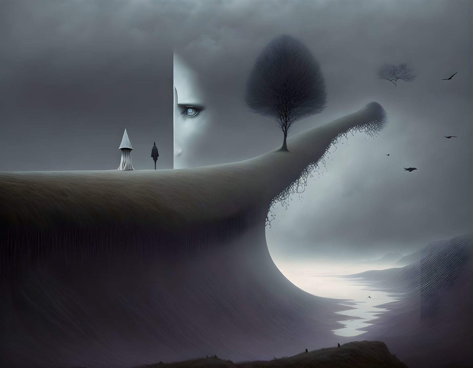 Surreal landscape with giant face, lone tree, flying birds, silhouetted figures,