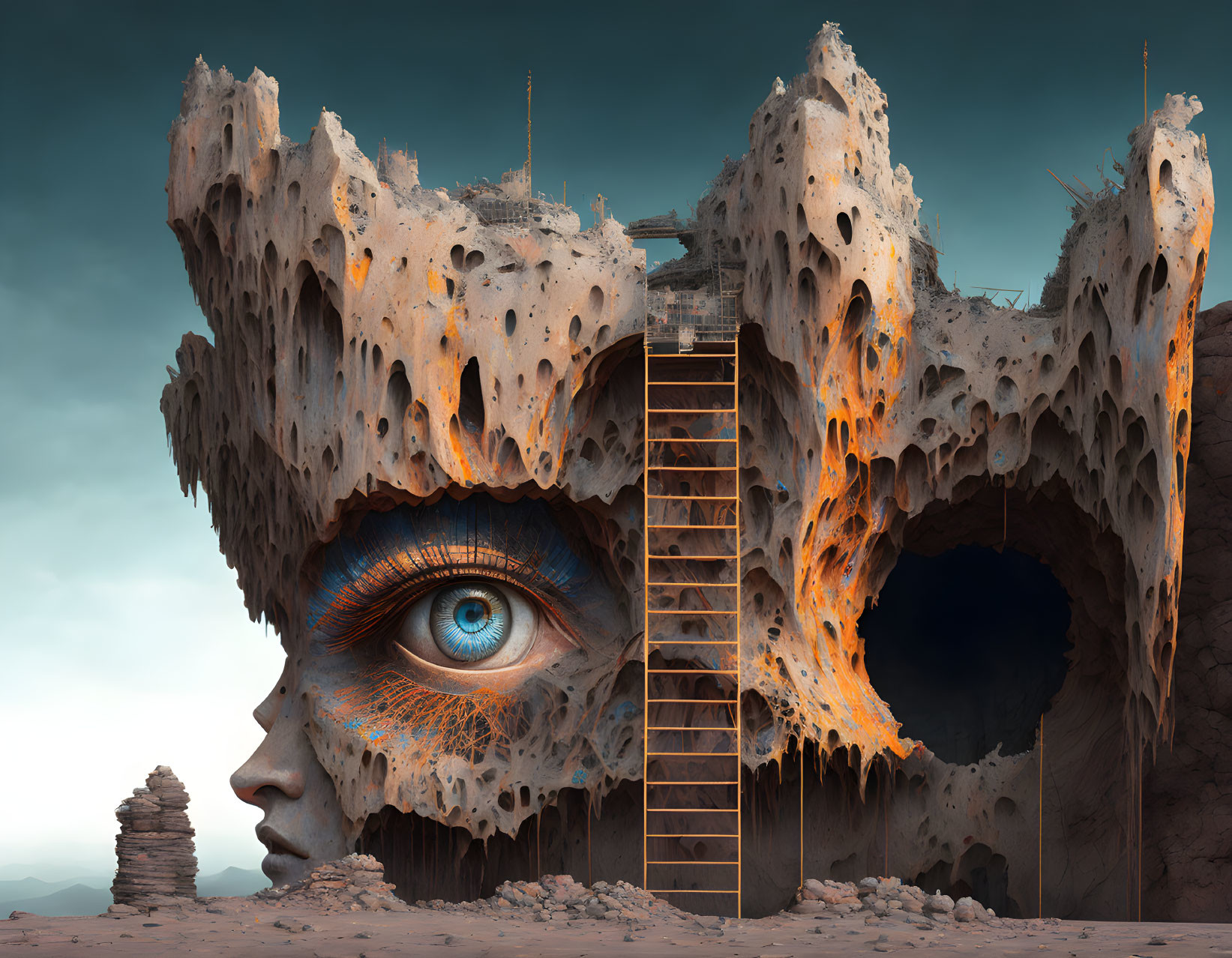 Surreal desert landscape with colossal weathered human face structure