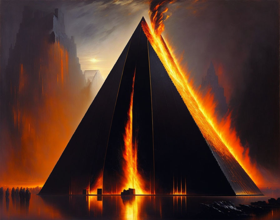 Black Pyramid Erupting Lava in Dark Sky