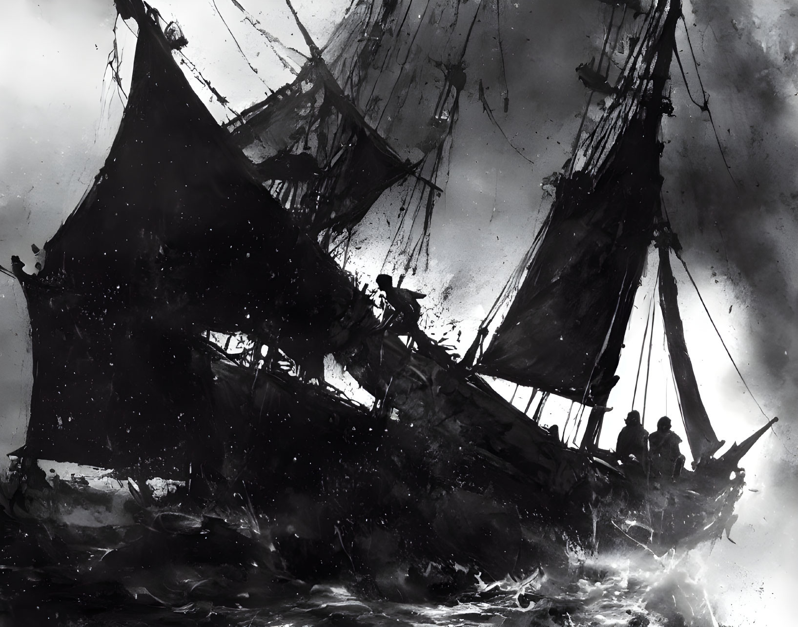 Monochromatic painting of distressed sailing ship in stormy sea