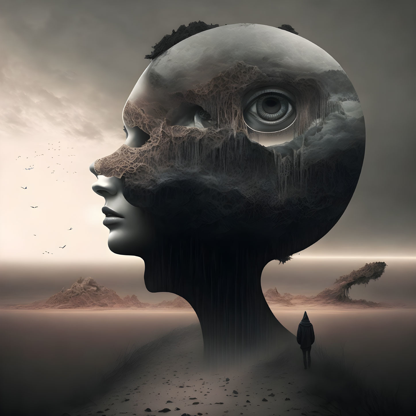 Surreal humanoid head with landscape and eye face, person walking to lone tree