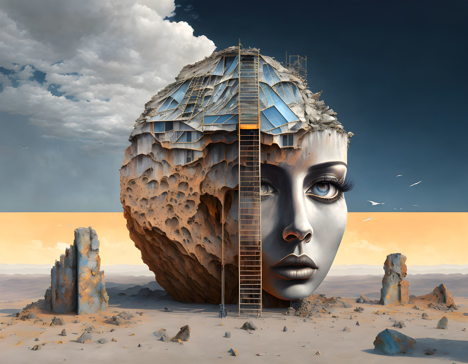 Colossal fragmented woman's face sculpture in surreal landscape