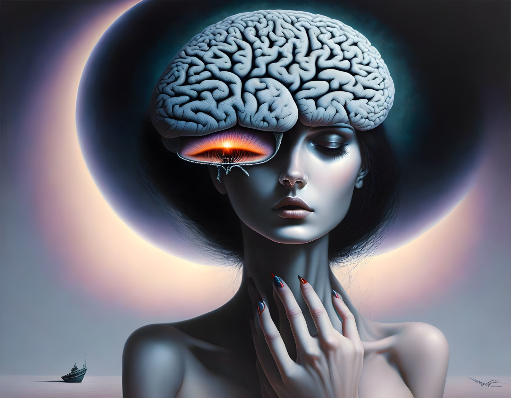 Surreal artwork of woman with glowing brain under moonlit sky