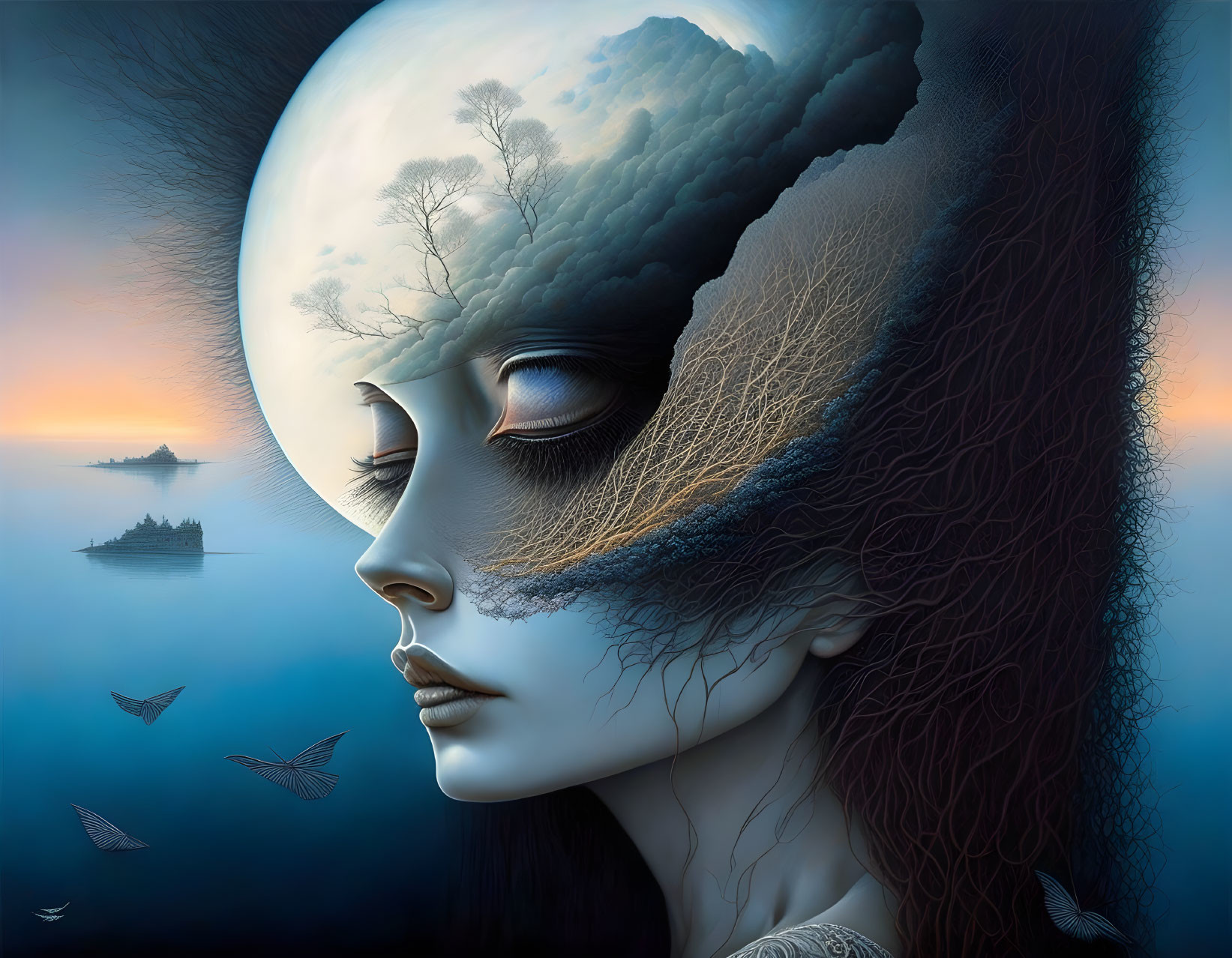 Surreal woman's profile merges with moonlit landscape in artwork