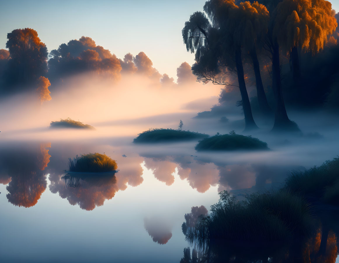 Tranquil dawn landscape with misty trees and reflections in calm water