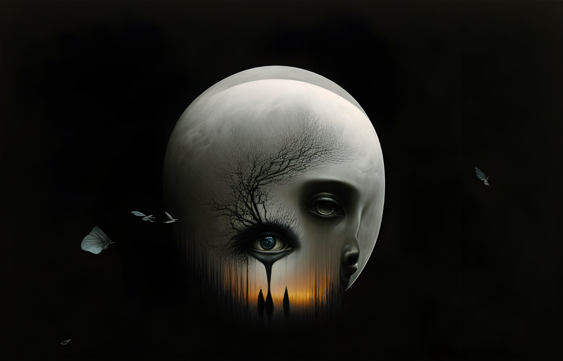 Surreal moon-faced image with tree silhouette and butterflies