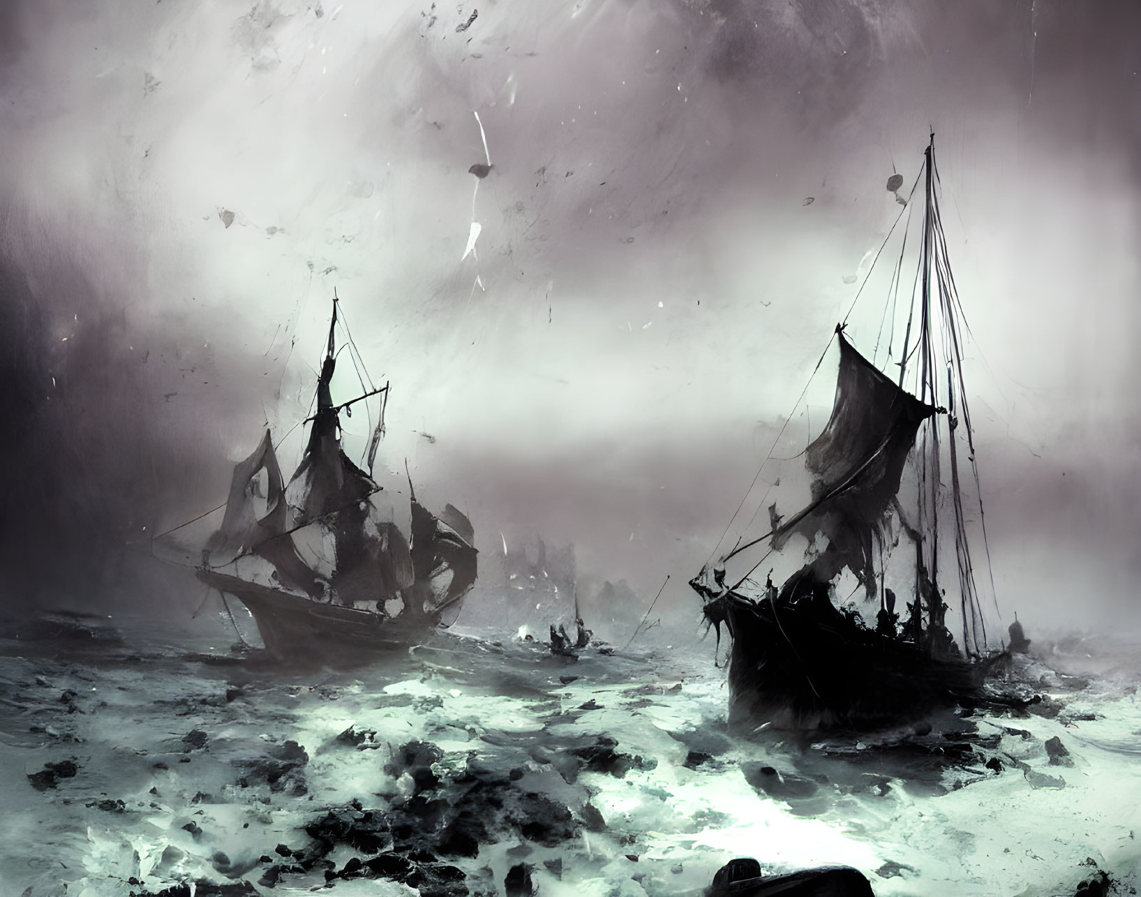 Monochrome painting of stormy seas with distressed sailing ships in high waves, wind, and debris under