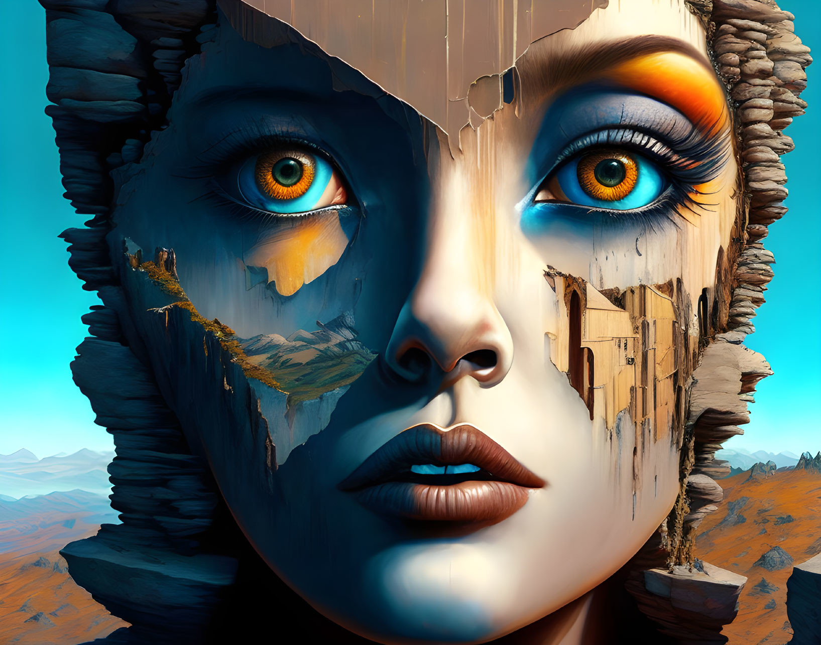 Detailed Close-Up of Woman's Face Blending with Rocky Landscape