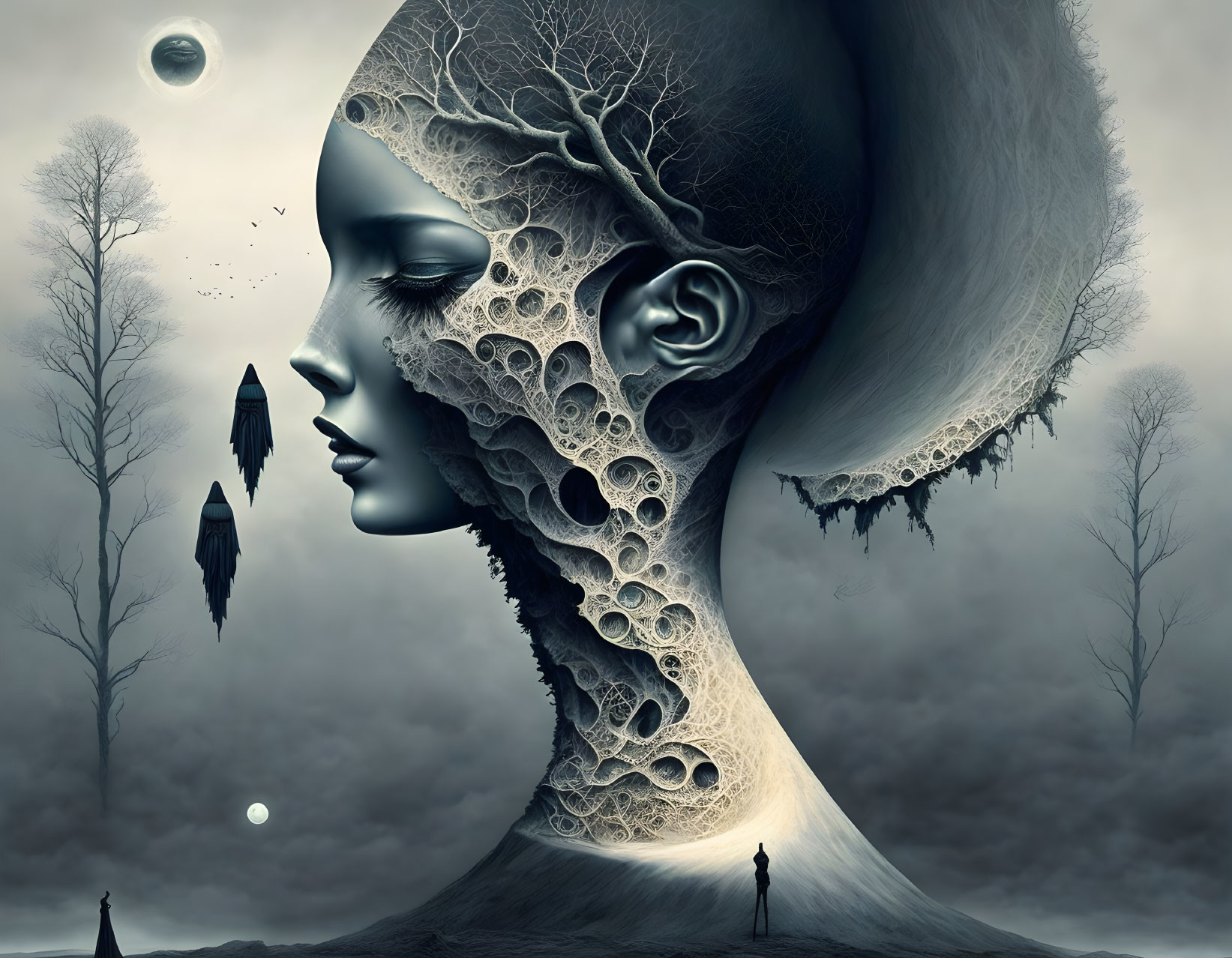 Surreal profile of woman's head with intricate textures in melancholy landscape