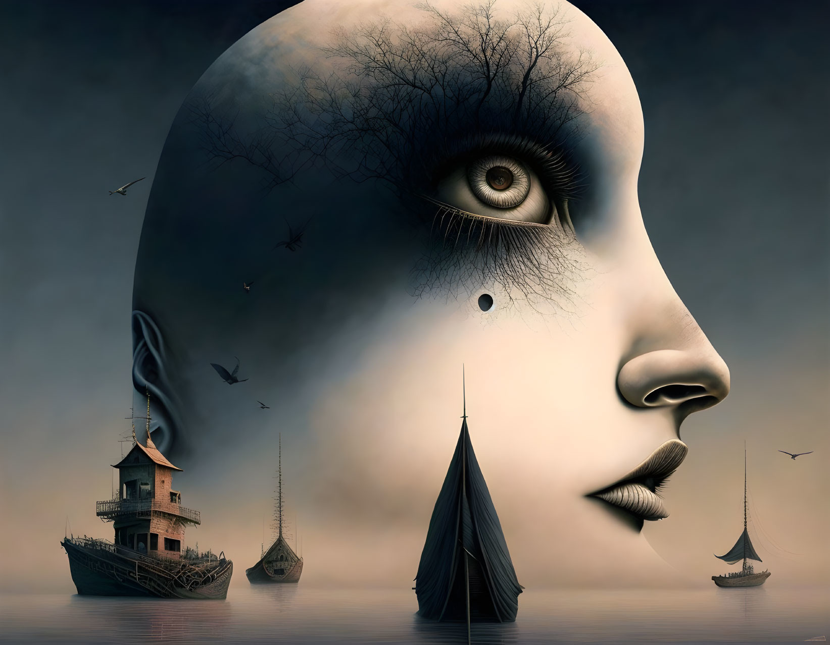 Surreal artwork: Large hyper-realistic female face, cloudy sky, birds, seascape with