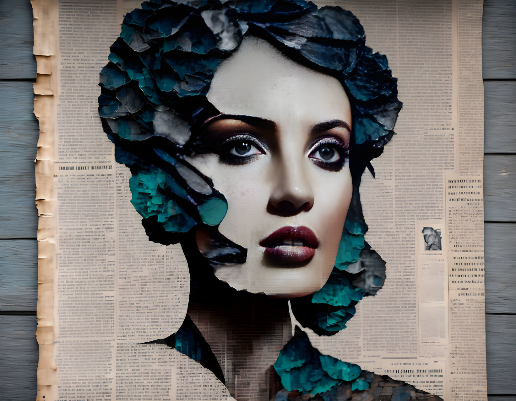 Collage artwork featuring woman's face with newspaper background and teal leaf cutouts.