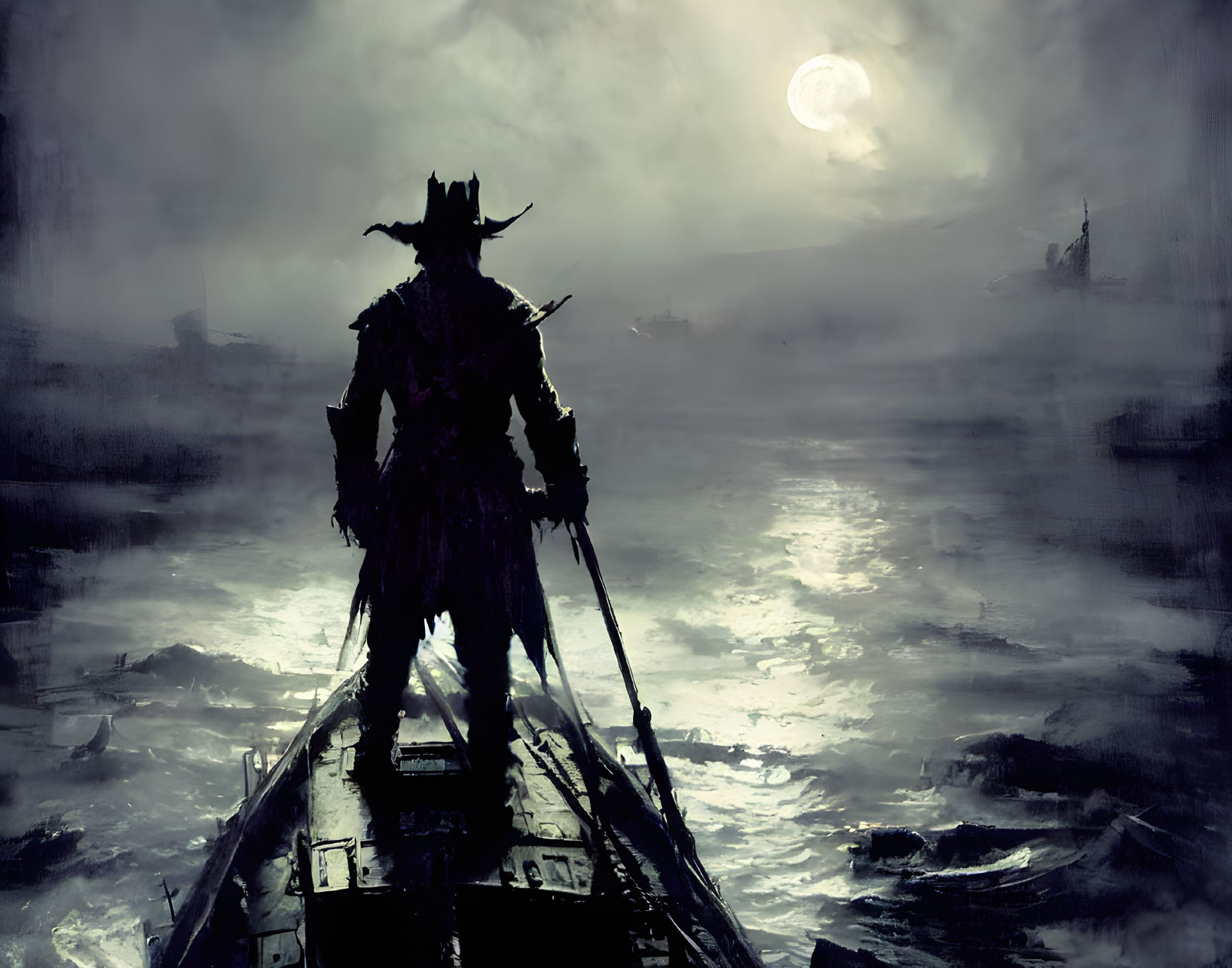 Silhouetted figure in ancient armor on boat prow in moonlit misty sea.