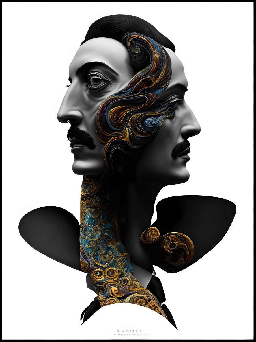 Male figure with dual face profile, one left, one right, merged at cheek with intricate swirling patterns