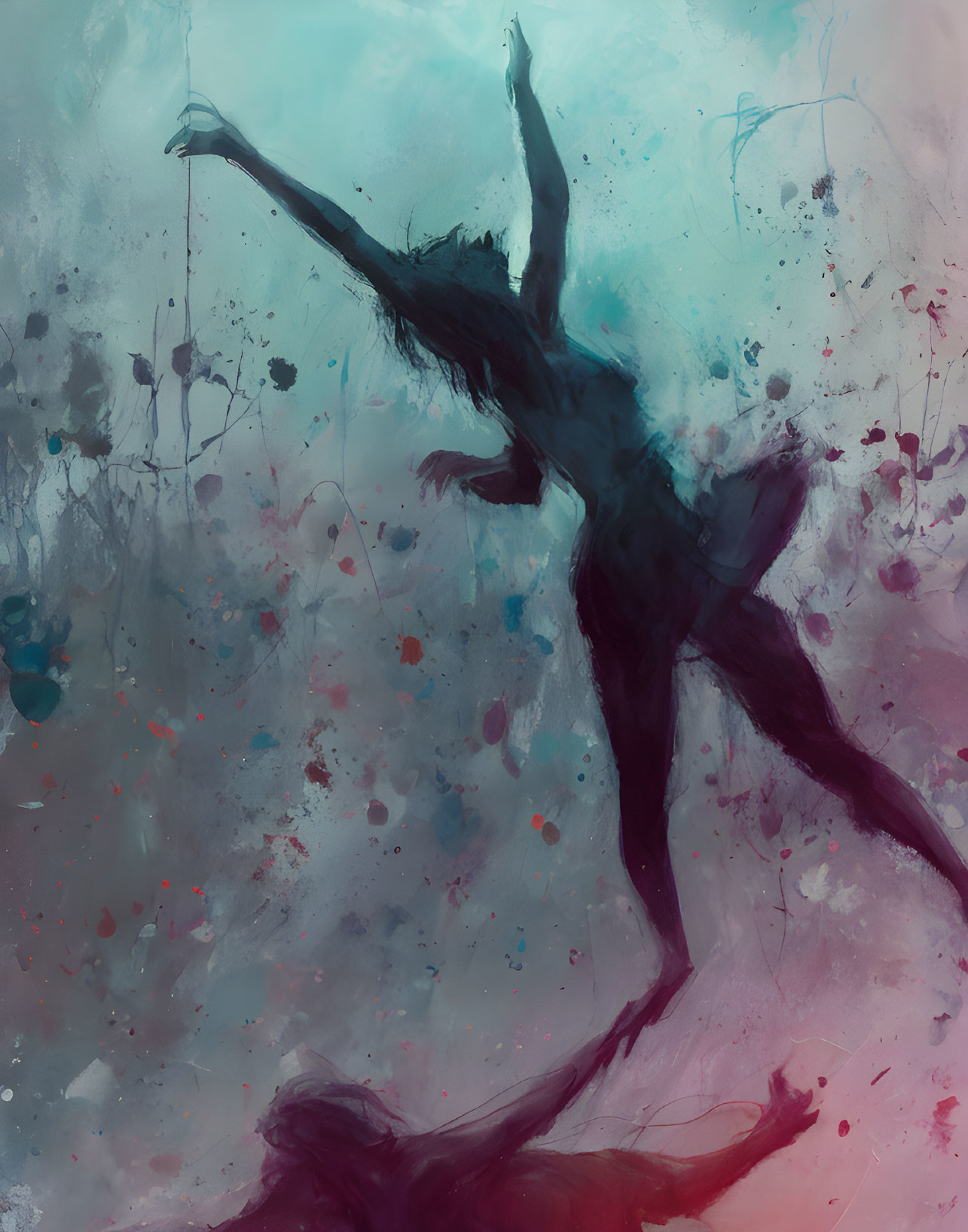 Dynamic silhouette of a dancing figure against a backdrop of cool tones and paint splatters