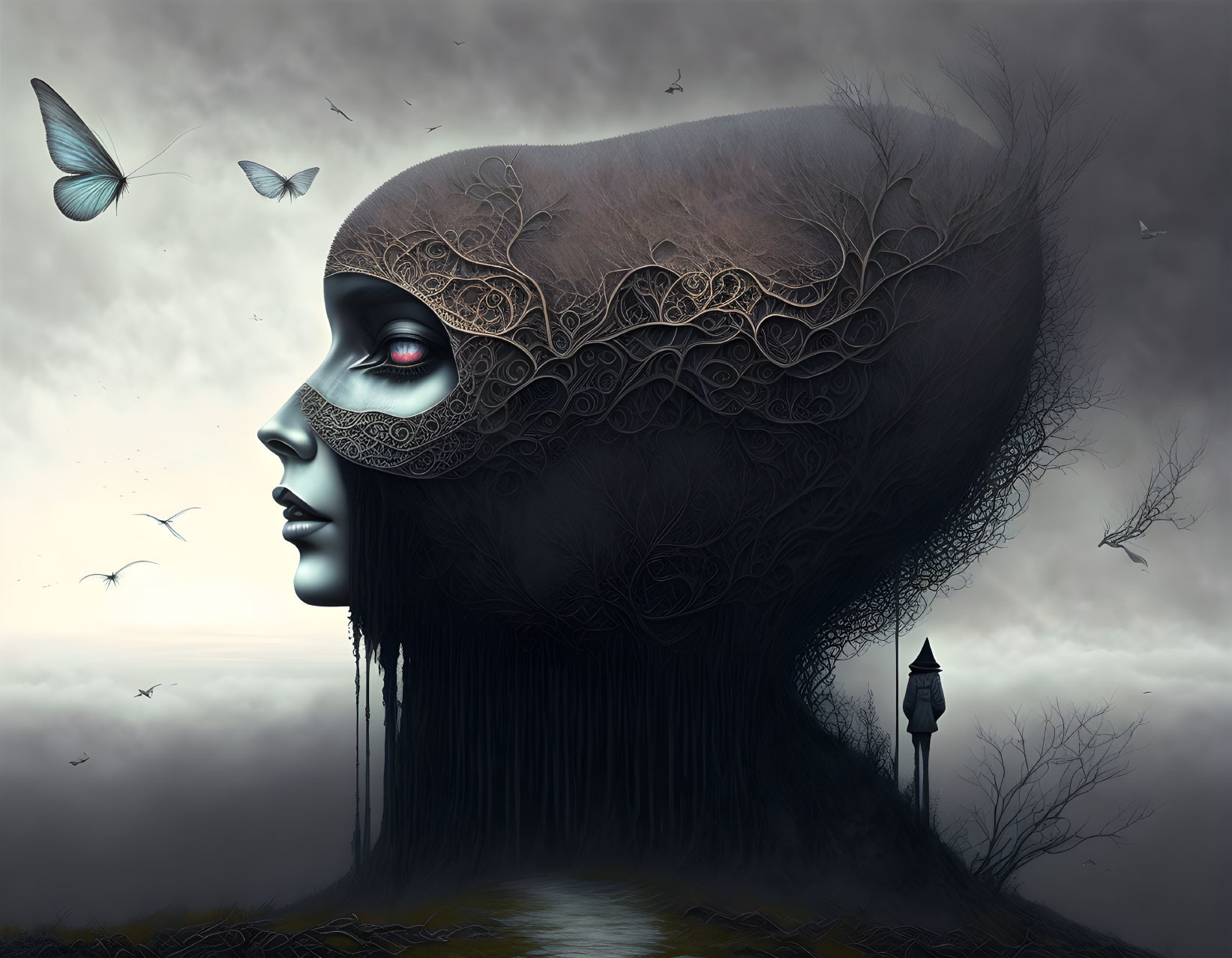 Surreal side profile of a woman with tree-like hair in cloudy setting