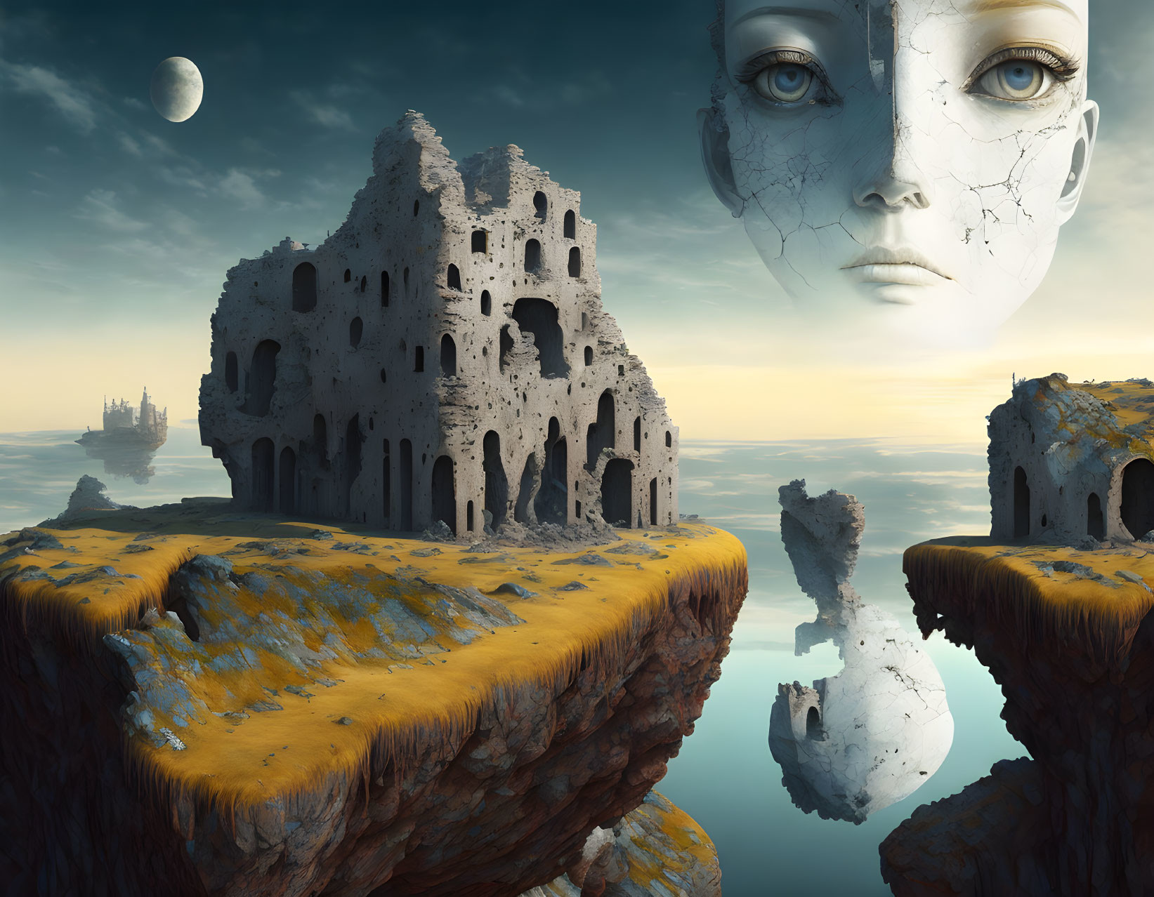 Surreal landscape featuring floating islands, crumbling castle, face fragments, ship under twilight sky.