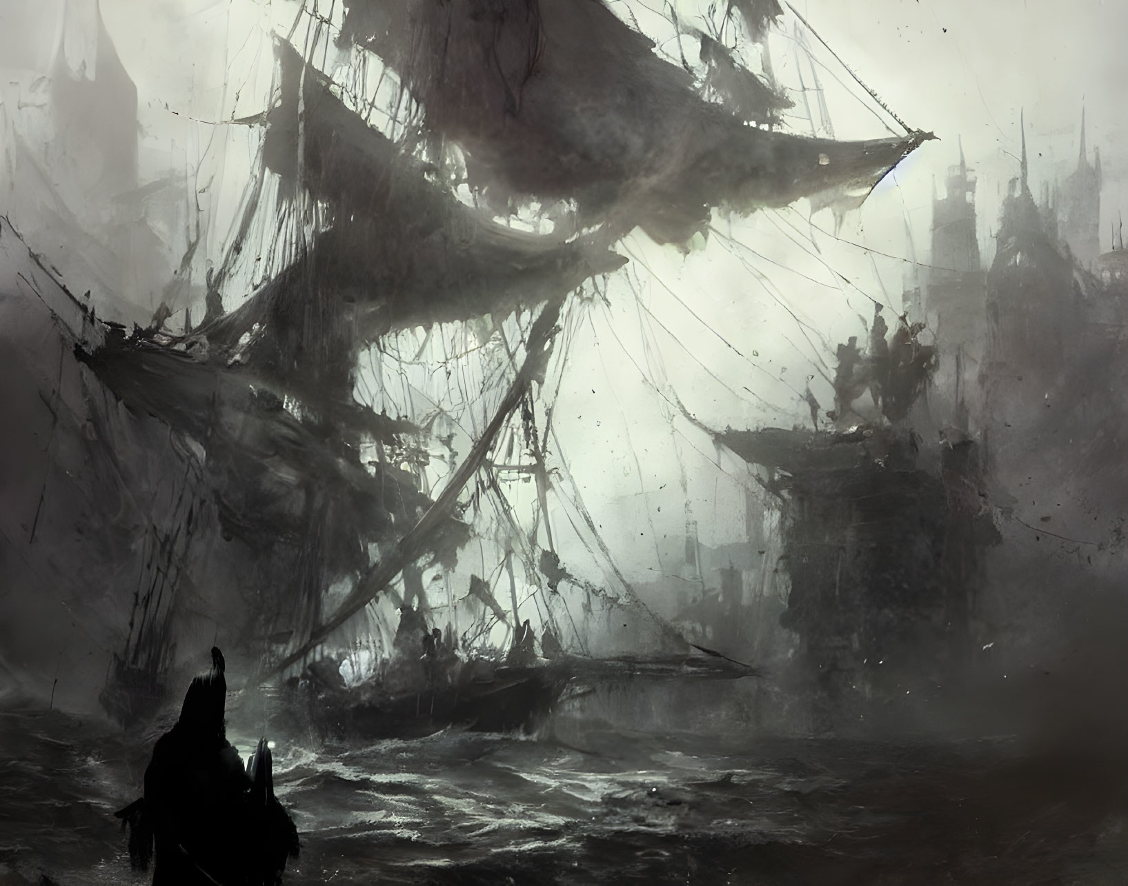 Monochromatic image: Dilapidated sailing ship in stormy sea with figures, city silhou