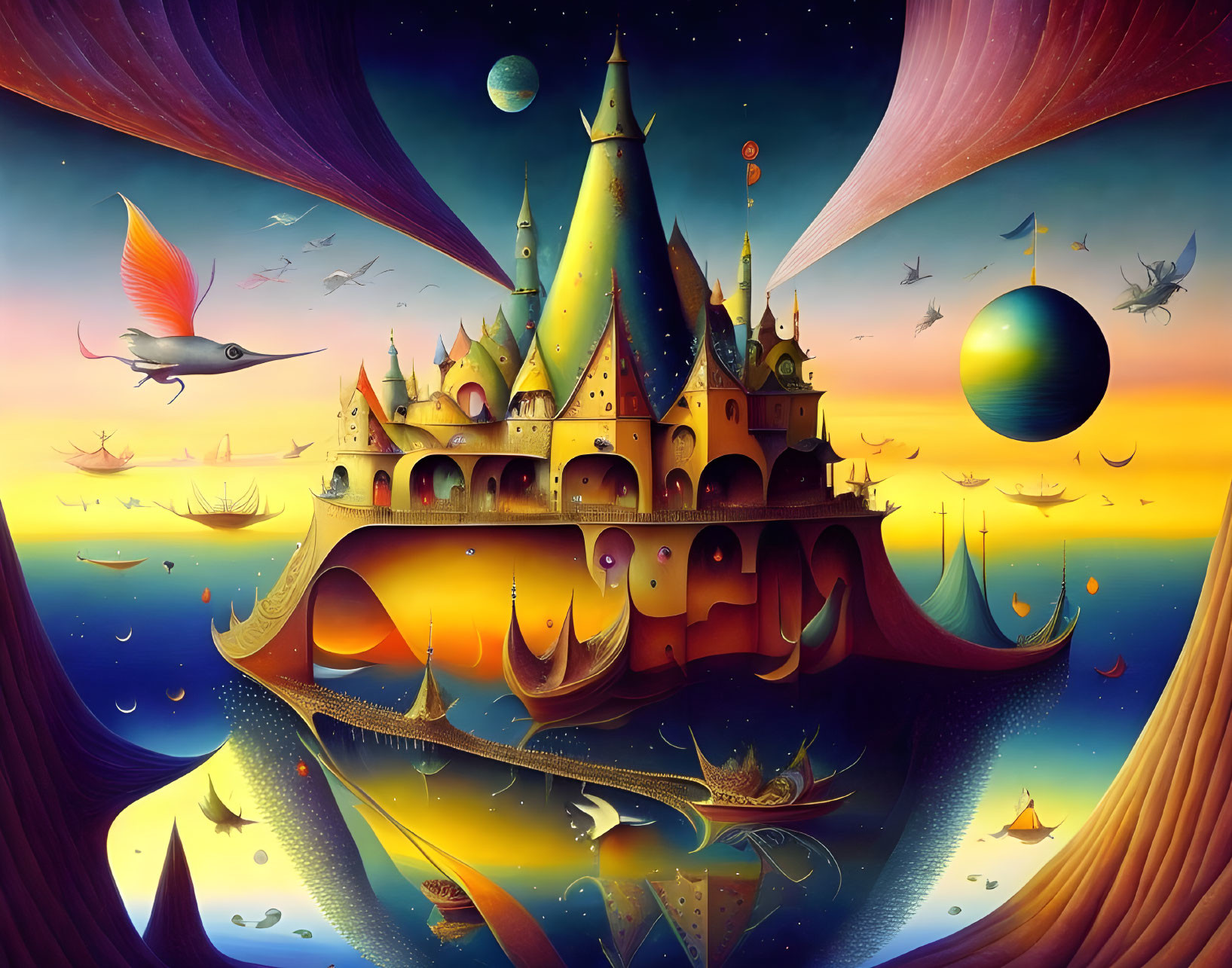 Surreal artwork: Floating castle, celestial bodies, boats, bird in starry sky