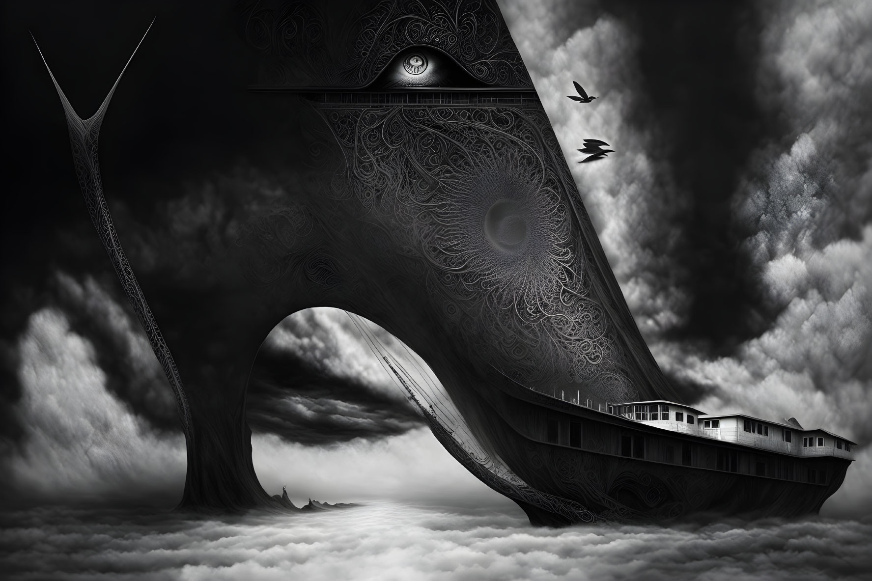 Surreal black and white image: decorated arch, hovering eye, ship-like structure, birds.