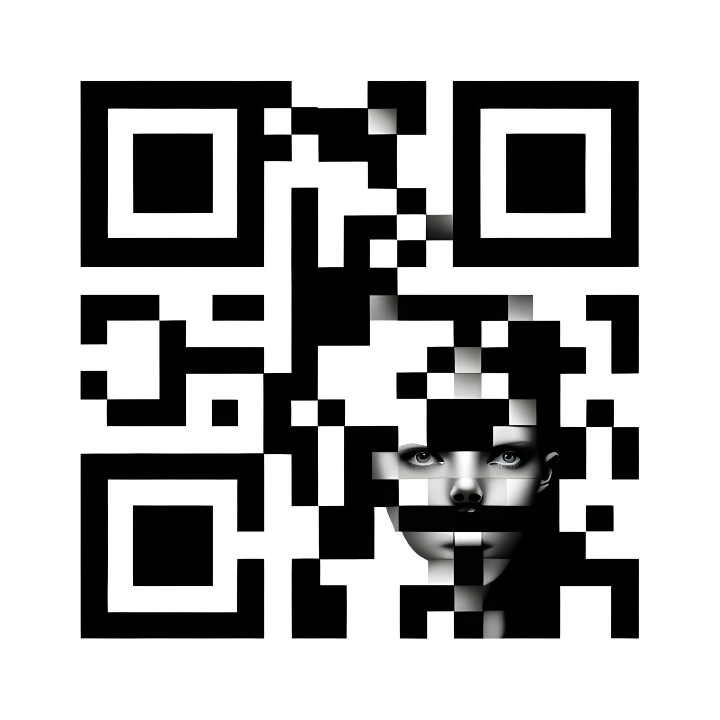 Monochrome QR code with human face and staring eyes