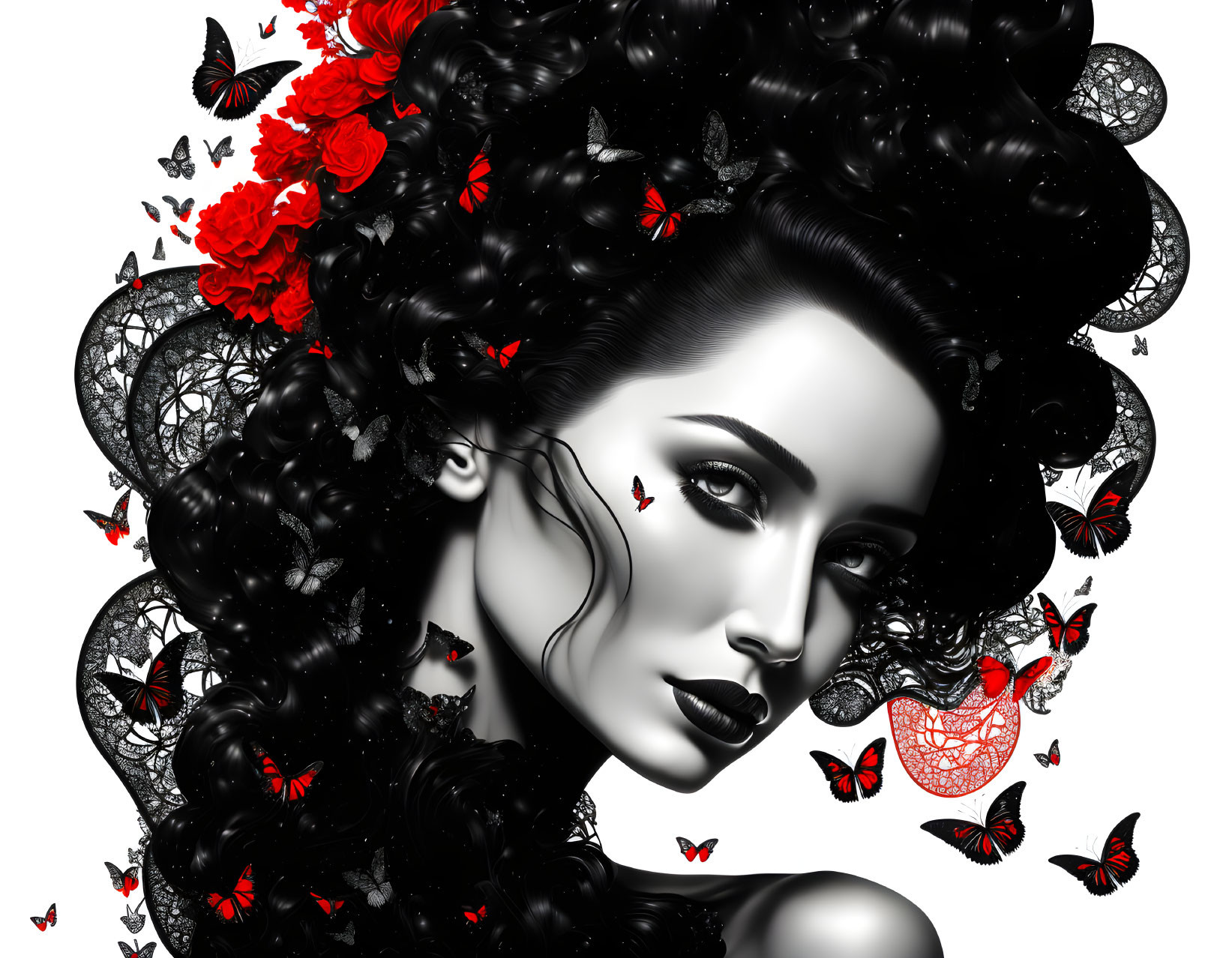 Monochrome artwork of woman with curly hair, red roses, butterflies on white background