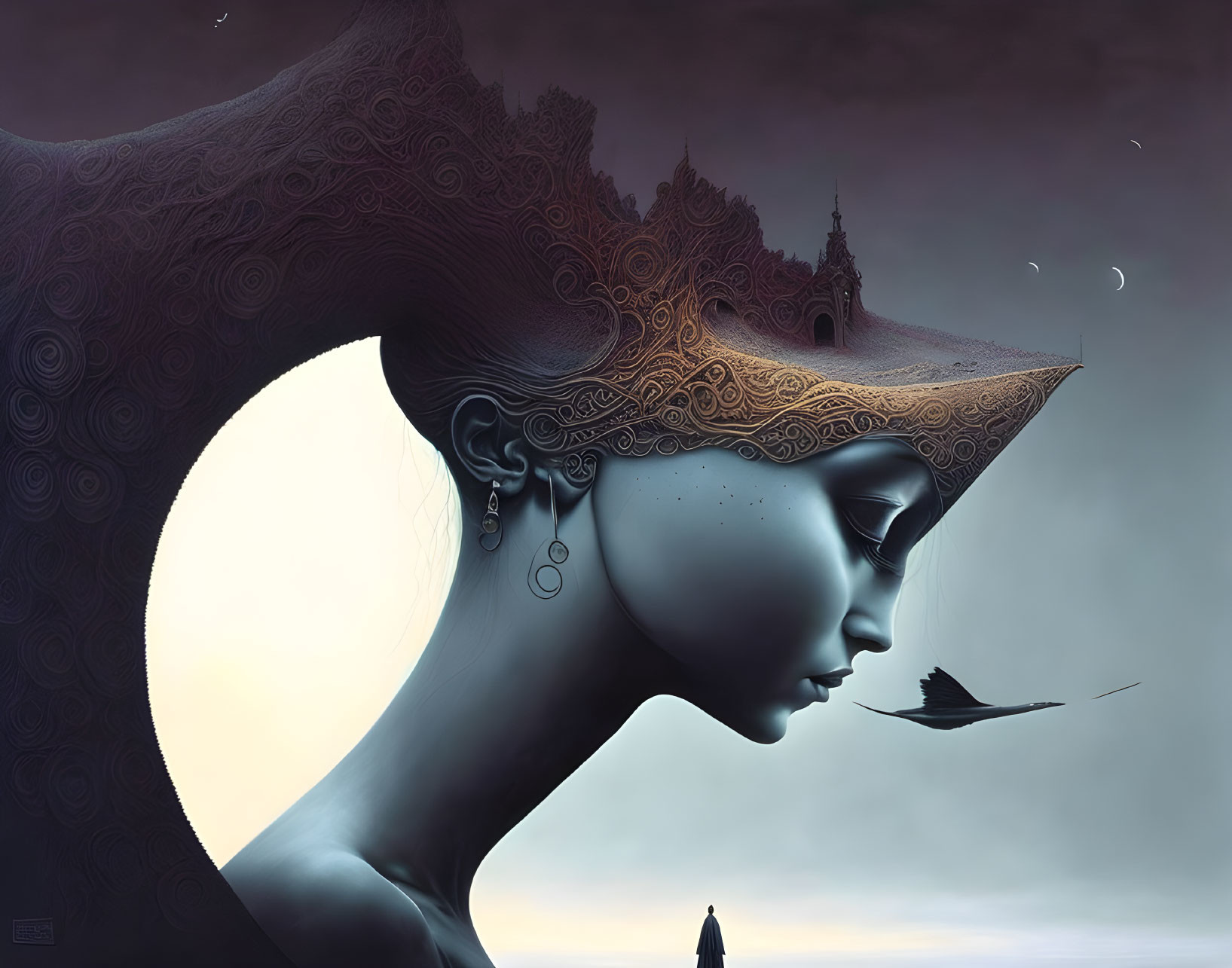 Surreal portrait of woman and castle against dusky sky