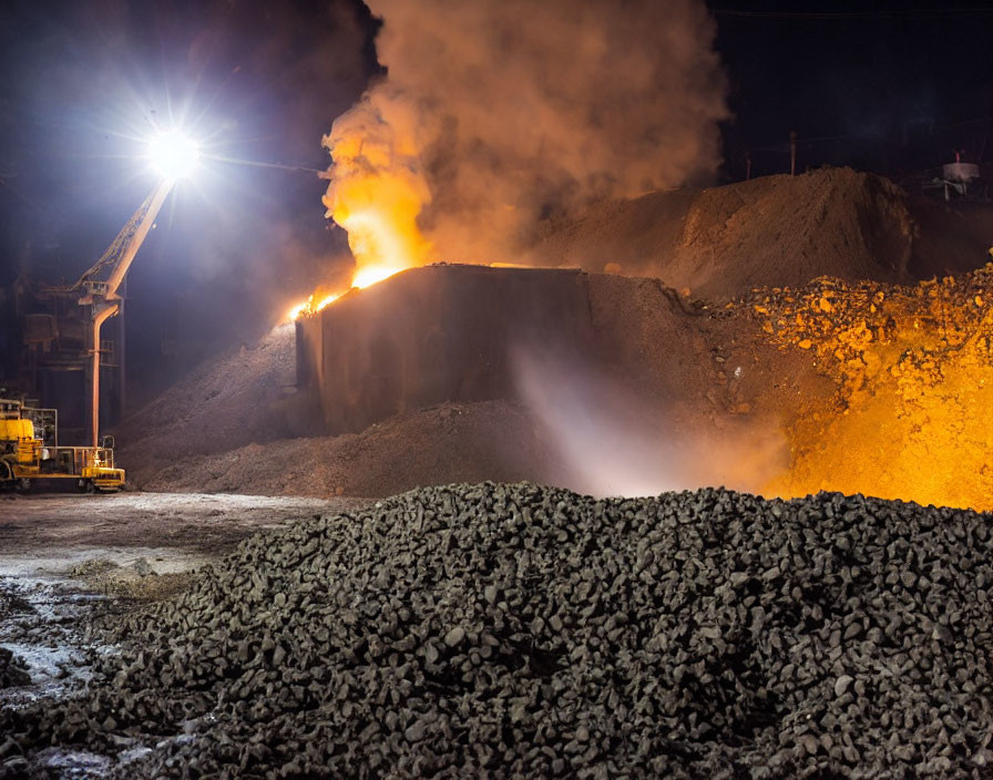 Industrial Night Scene with Bright Lights and Heavy Machinery