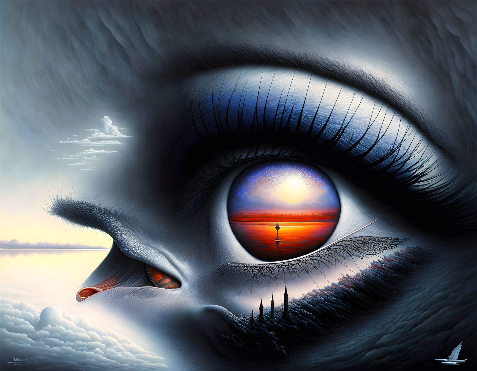 Surreal image: Oversized eye with sunset landscape and lone figure