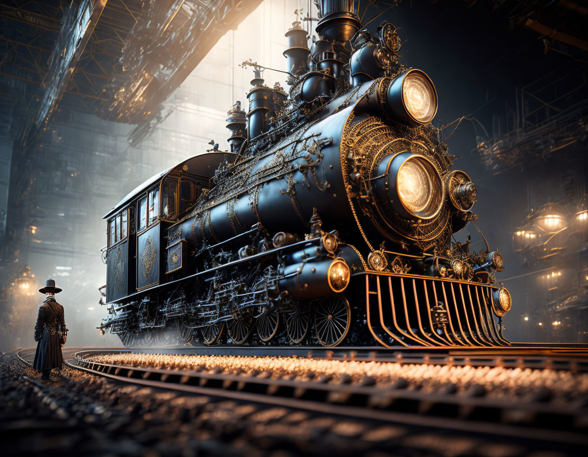 Vintage Attire Figure by Steampunk Locomotive on Train Track