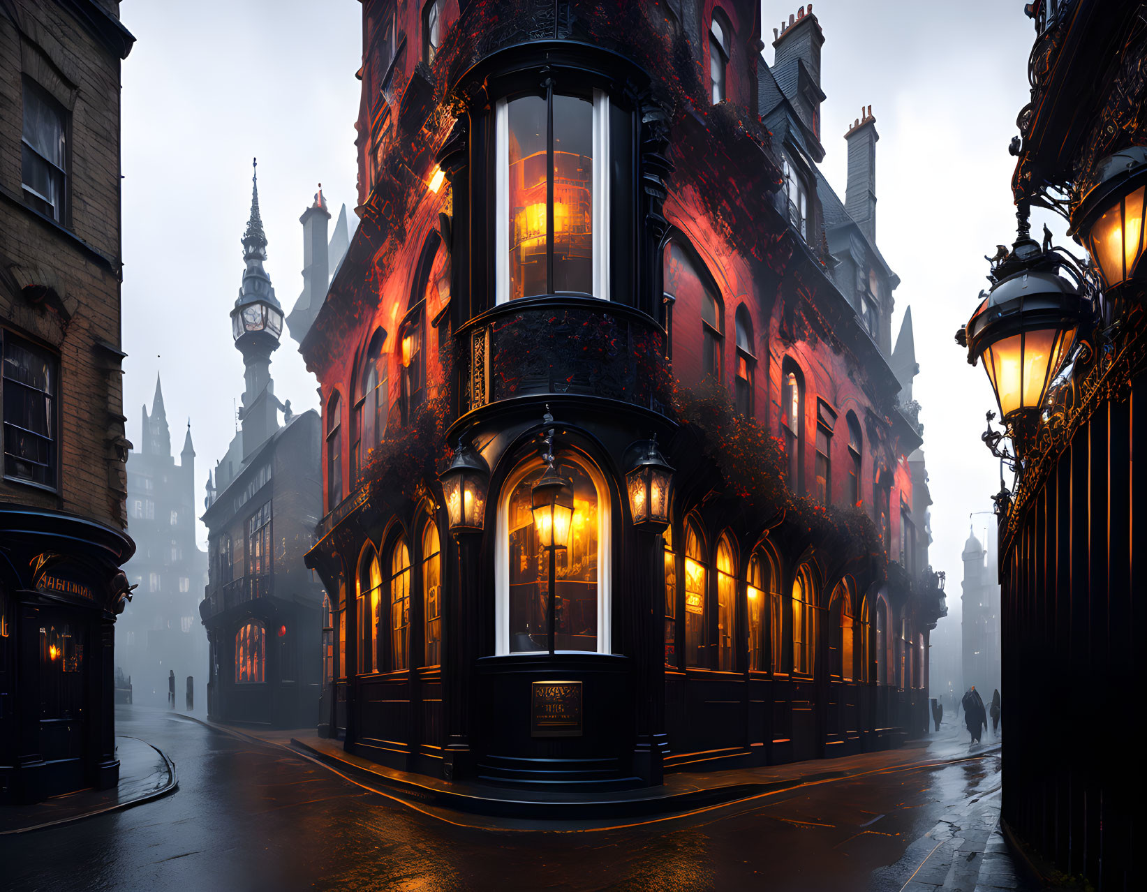 Victorian-style corner building in misty evening street lights