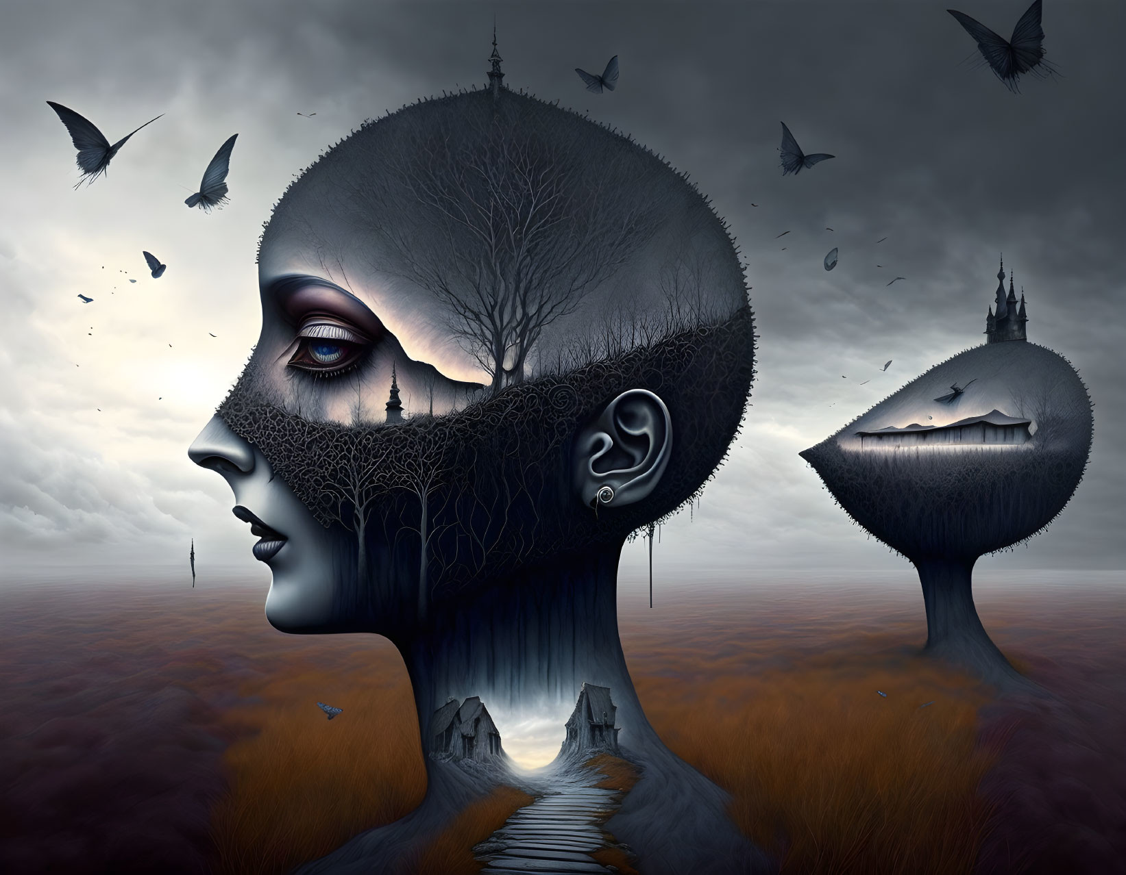 Surreal artwork: Woman's face merged with landscape, tree, floating island, castle, glo