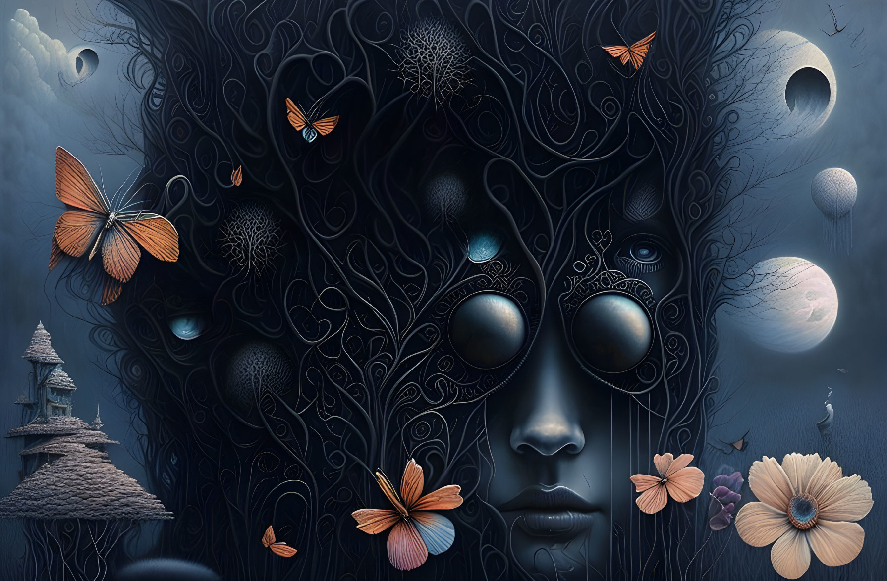 Surreal artwork: Woman's face merges with night sky, tree-like hair, butterflies, moon