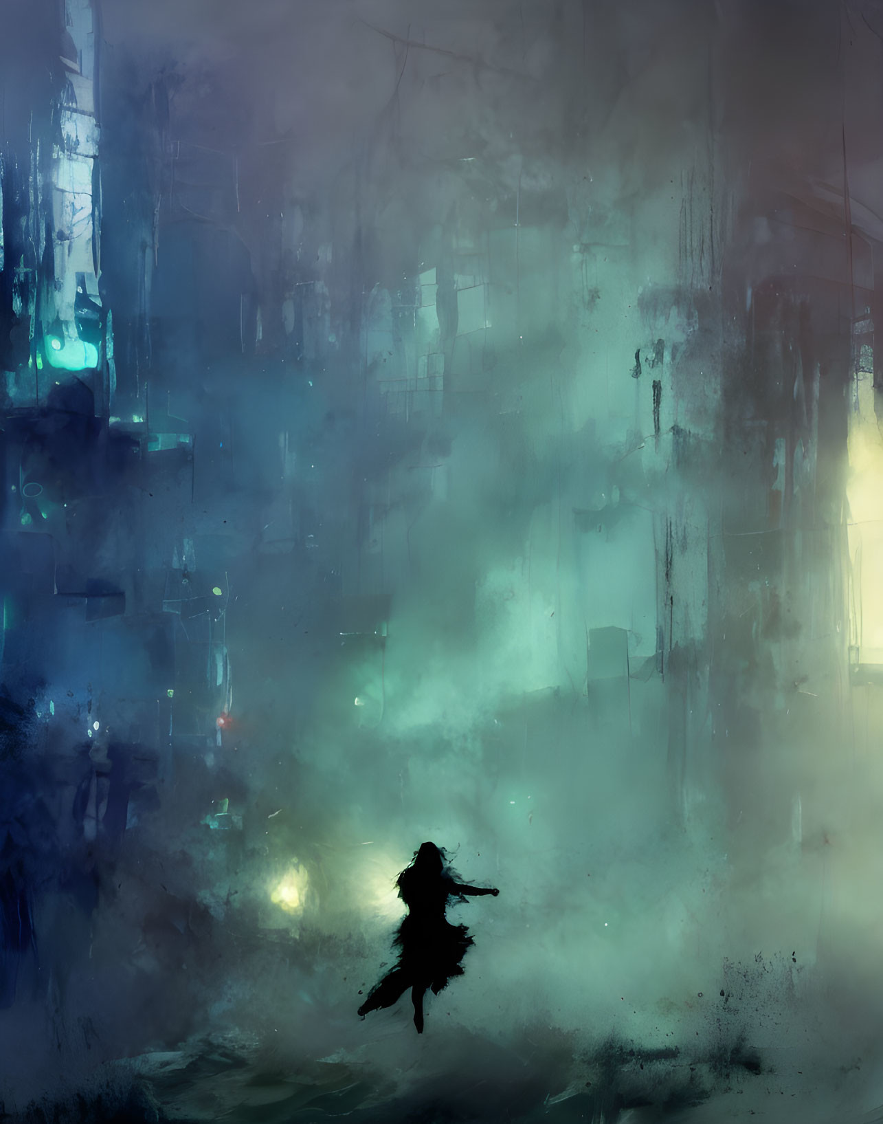 Silhouetted Figure in Misty Landscape with Blue and Green Palette