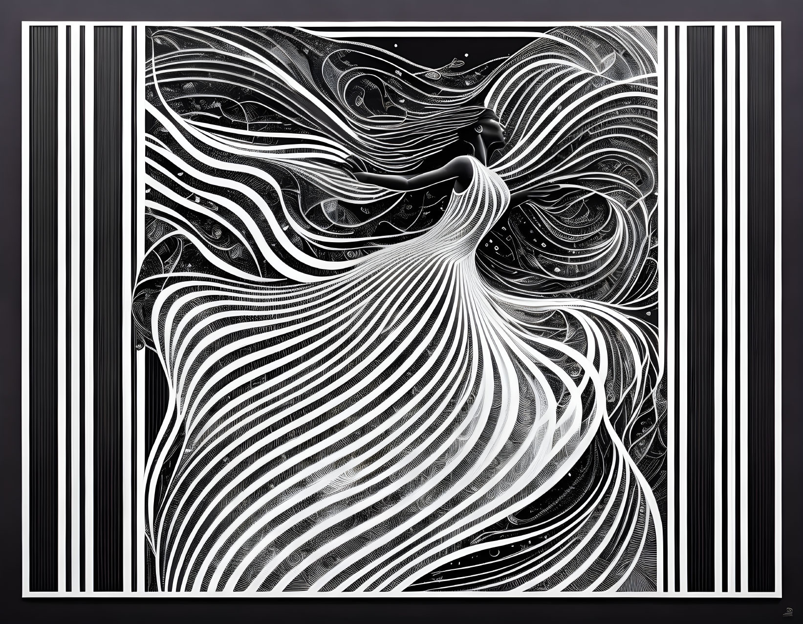 Abstract black and white artwork with flowing lines and swirls in a bordered frame