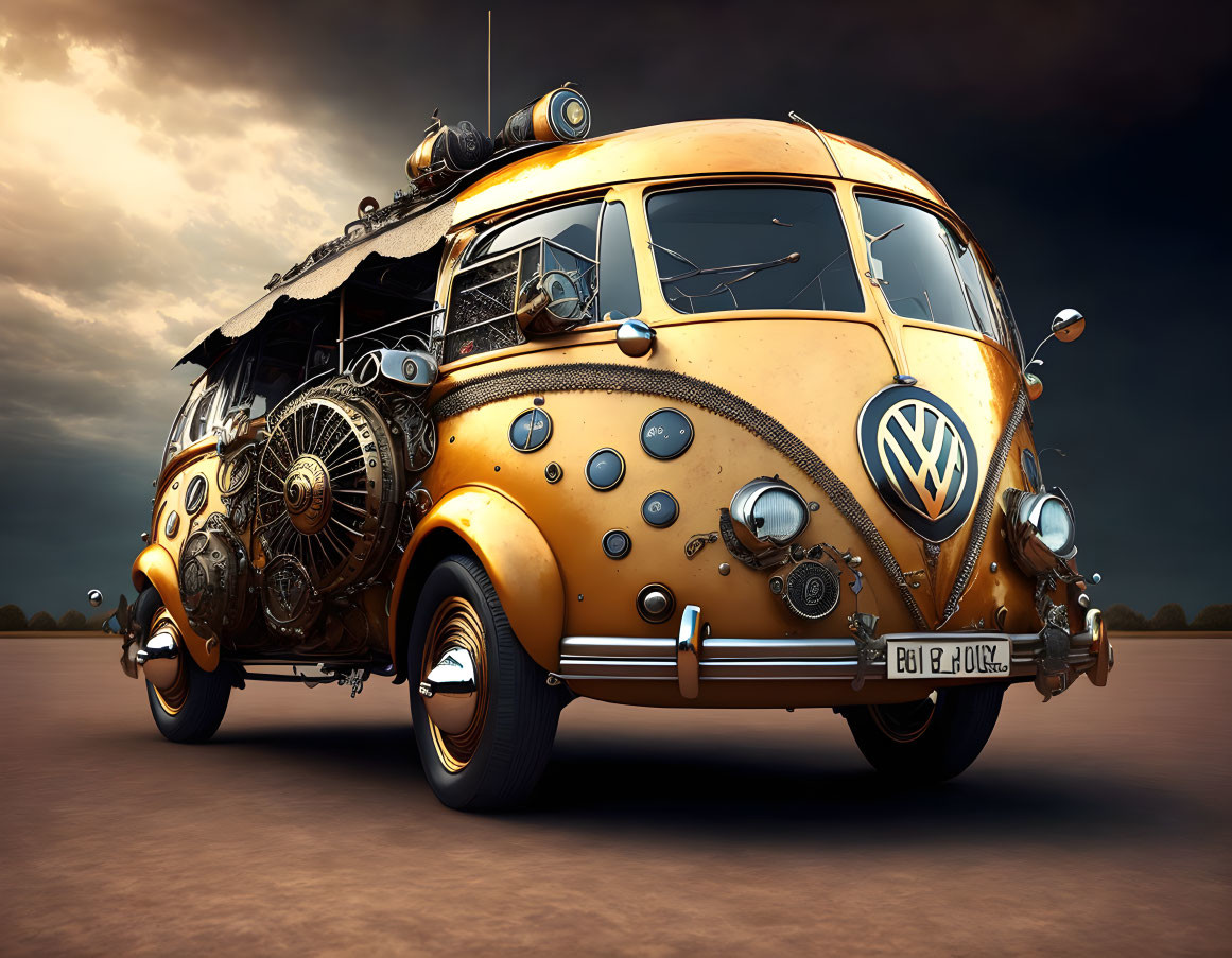 Custom Steampunk Volkswagen Bus Against Dramatic Sky