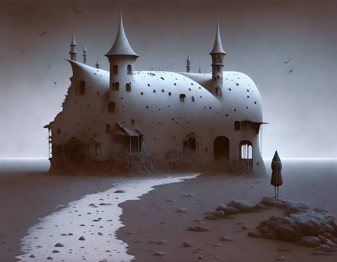 Surreal teapot-shaped castle with cloaked figure and birds in foggy landscape