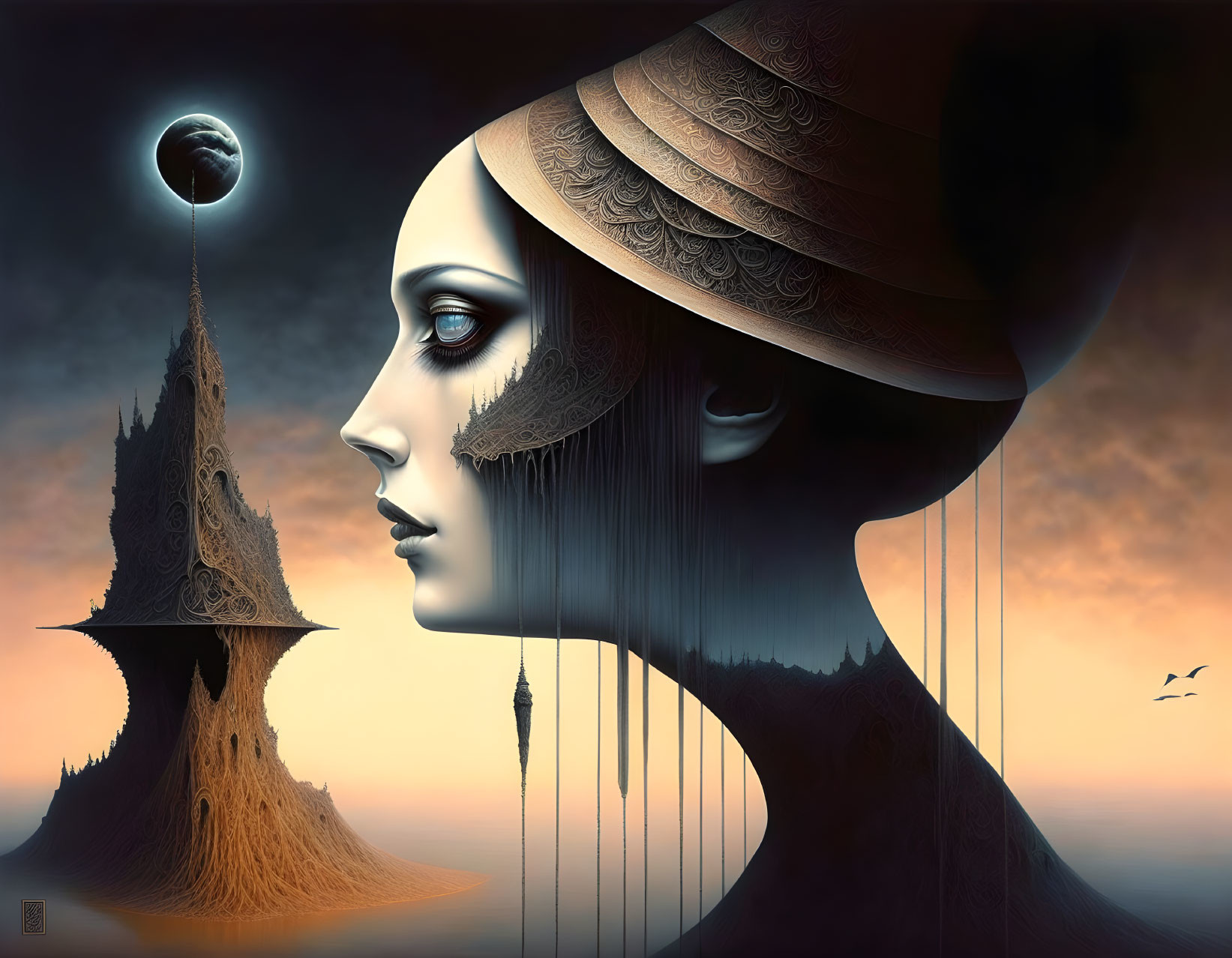 Surreal female figure with elaborate headdress in dreamlike landscape