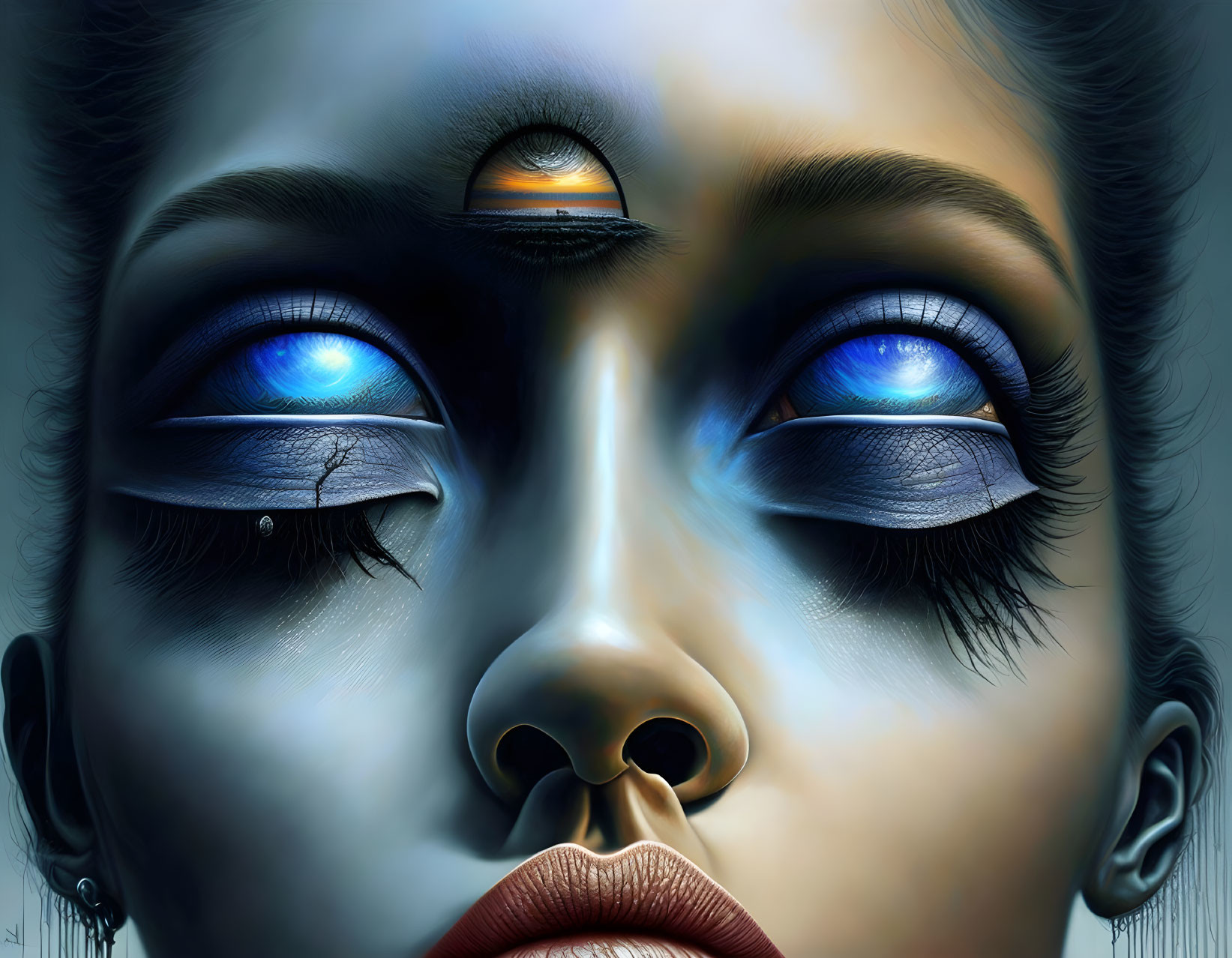 Detailed digital art of woman with vibrant blue eyes and third eye on forehead